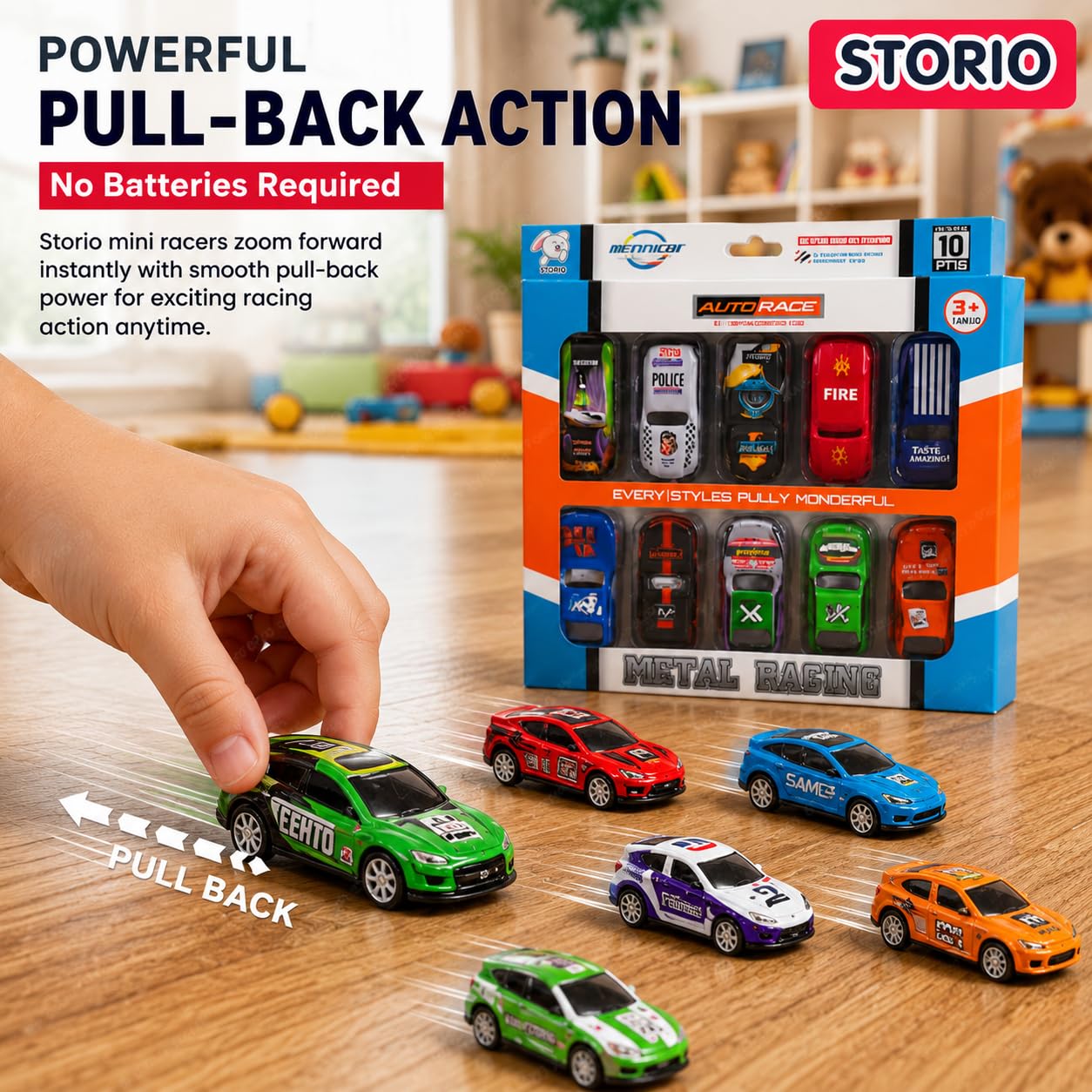 Storio Pack of 10 Racing Mini Metal Cars Set for Kids | Pull Back Vehicles | Khilona Car Toy Set for Boys | Birthday Gift, Return Gift, Diwali Toys (Racing Cars), Assorted — Amazon image 4