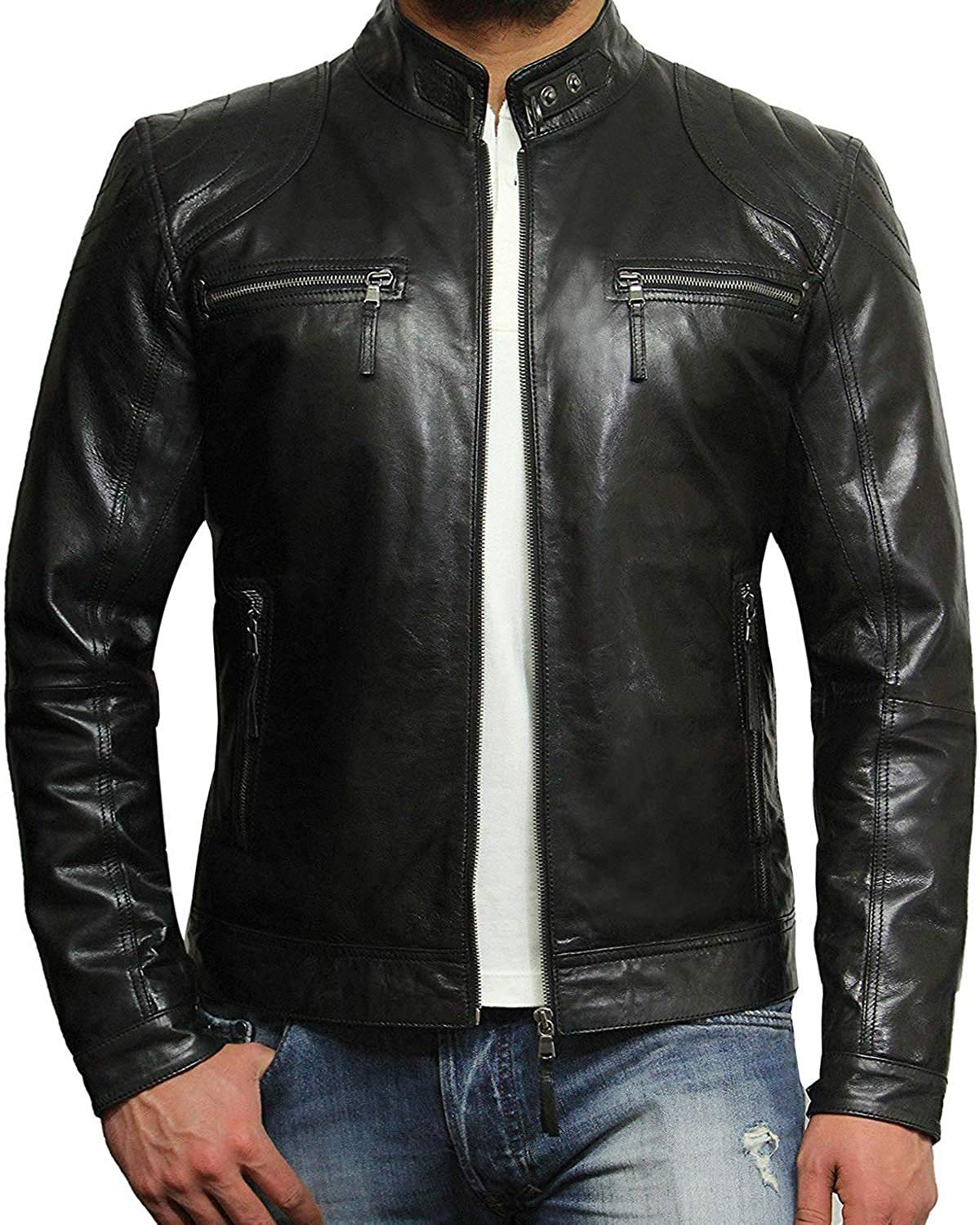 Brandslock Men's Black Lambskin Genuine Leather Biker Jacket