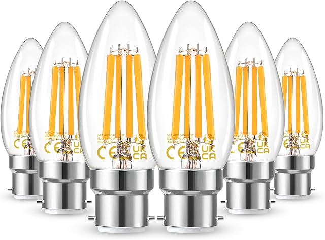 Dimmable B22 Bayonet Cap Light Bulbs, B22 Led Candle Bulb Warm White 2700K, LED Vintage Edison Filament 6.5W Energy Saving Lightbulbs Equivalent 60 Watt Incandescent for Chandeliers, 800LM, Pack of 6