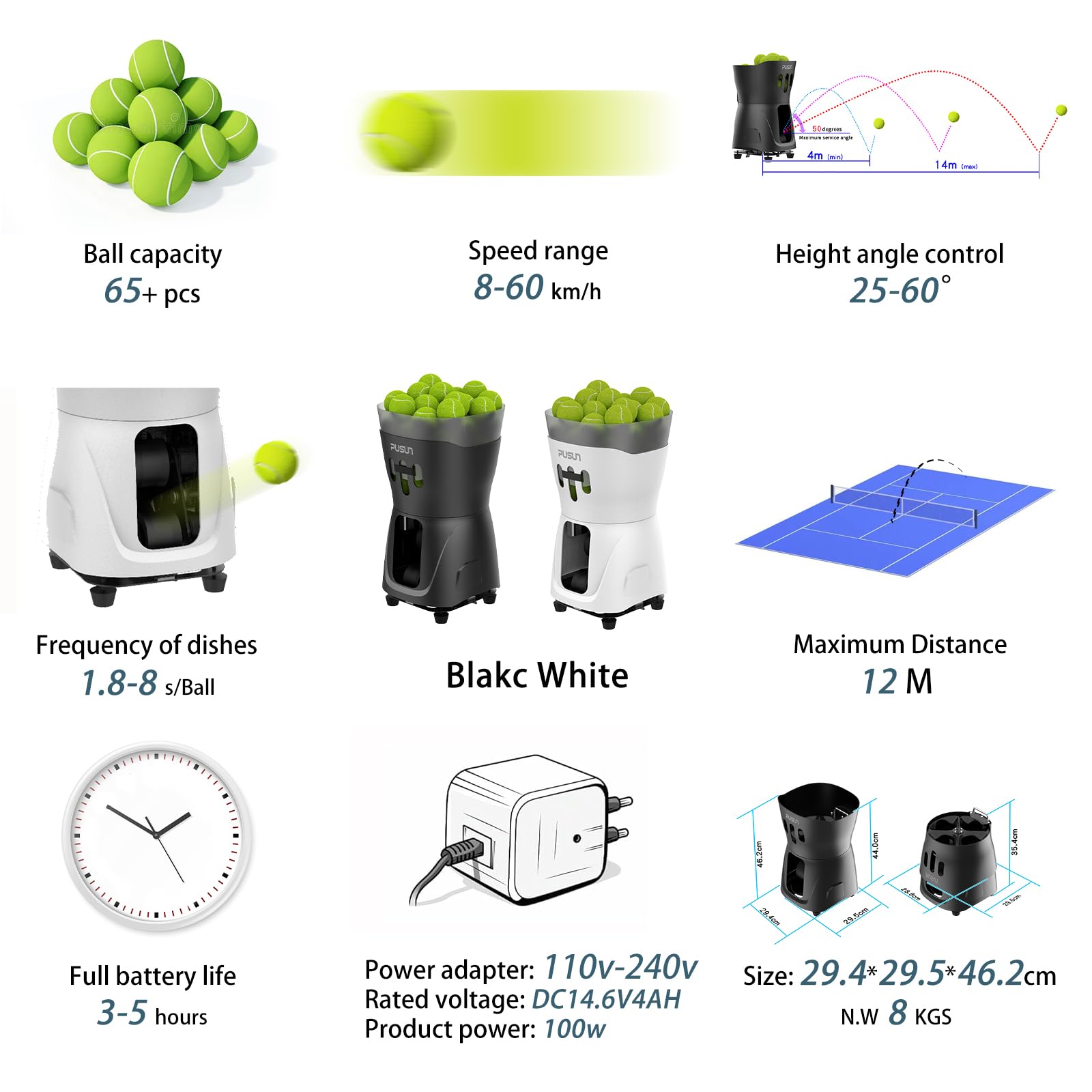 PT-Mini Pro Tennis Ball Machine - Professional Automatic Ball Launcher with Remote, Smart App Control, 65+ Ball Hopper, Battery Powered, Tennis Practice Equipment for Adults & Beginners (Black)