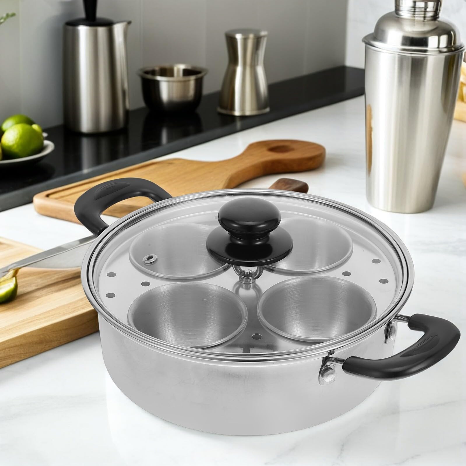 Homoyoyo Vaporera de Acero Inoxidable para Huevos 4 Unidades con Cesta Desmontable y Tapa Apta para Cocinas de Gas Cocedor al Vapor Compacto para Desayuno y Brunch
