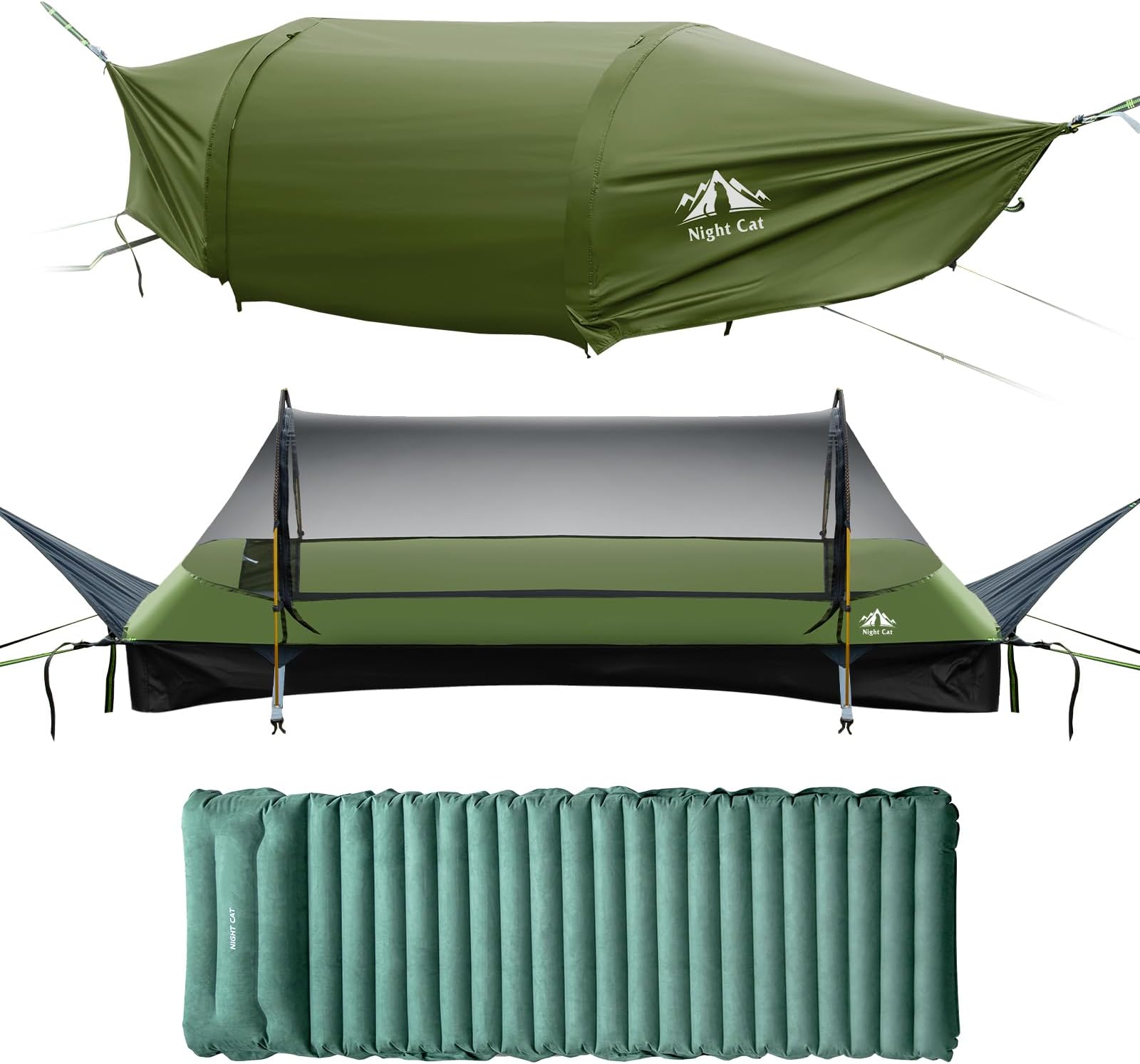 Lay Flat Hammock: Flat Bottom with Mosquito Net Waterproof Rainfly for 1 Person Camping in Garden Backyard Wild Green Pro