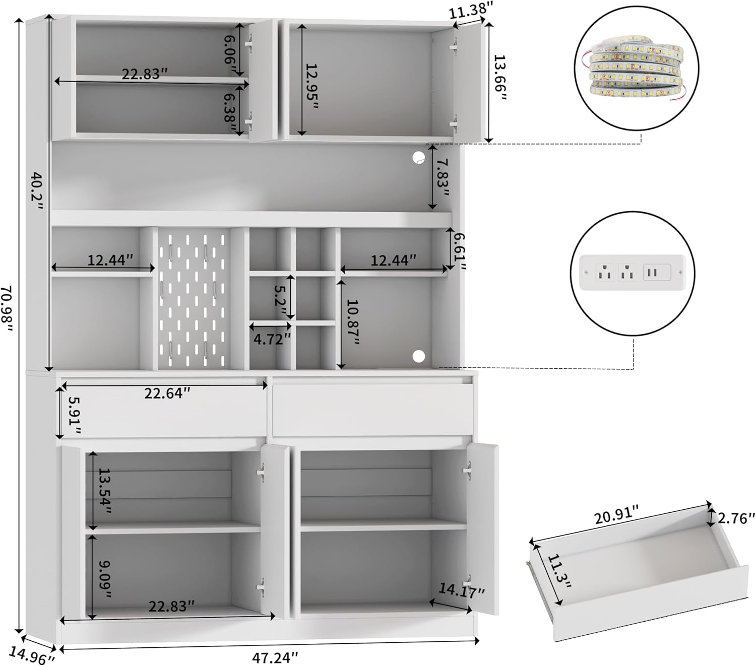 71" Kitchen Pantry Storage Cabinet, Tall Kitchen Hutch with Charging Station and LED Light, Freestanding Buffet Cabinet with 8 Doors, Food Pantry with Adjustable Shelf & Drawers for Dining