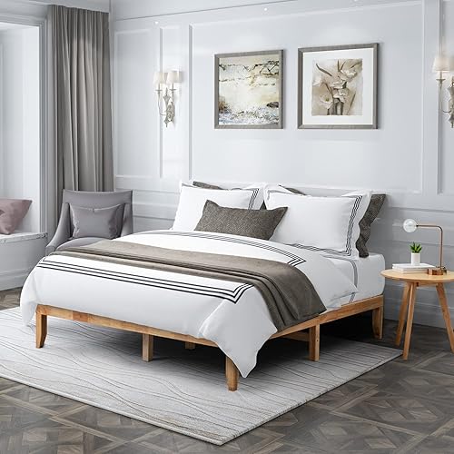 walnest Marco de cama de plataforma de madera con patas sólidas, marco de cama King con soporte de listones de madera, no necesita somier, tamaño