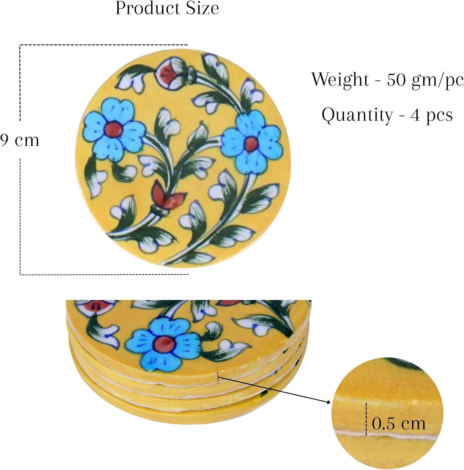 Blue Pottery Ceramic Coasters – Set of 4 Round Hand-Painted Drink Mats, Floral Design, Indian Tableware for Dining, Coffee Tables, Unique Housewarming Gift (Yellow) image 3
