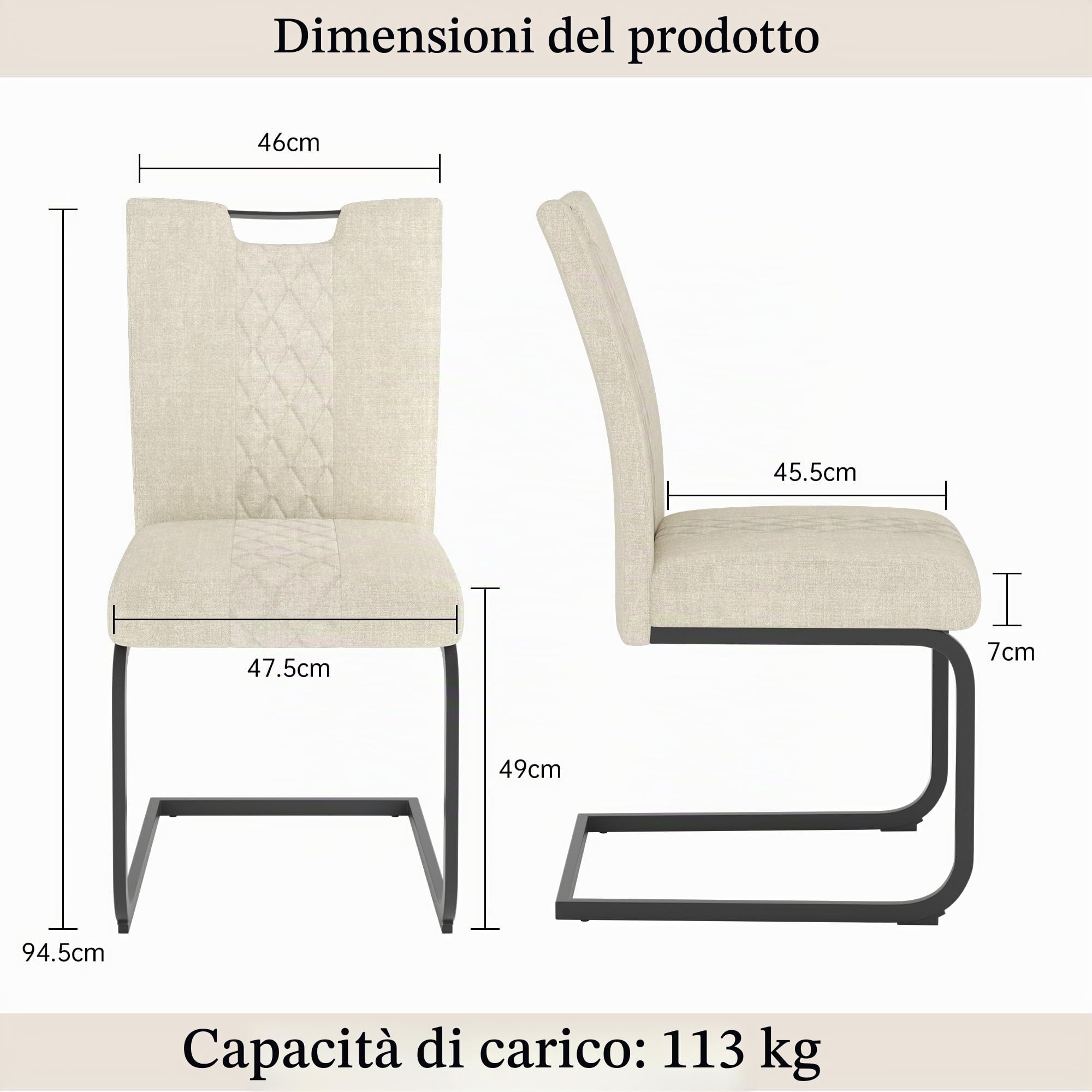 JIEXI Set di 4 sedie da sala da pranzo, con rivestimento in tessuto, schienale trapuntato e struttura in metallo, sedia da cucina/sala da pranzo moderna, comoda e stabile (4 sedie beige)