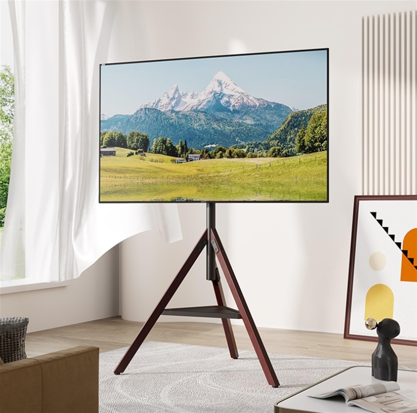 Uniwersalny Uchwyt Tv Stojak Pod Telewizor Na Trójnogu Do Ekranu O Przekątnej Od 32 75 Cali, Z Regulacją Wysokości I Obrotową Podstawą Narożny Podłogowy Drewnianą Tacą Przenośny Regulacją
