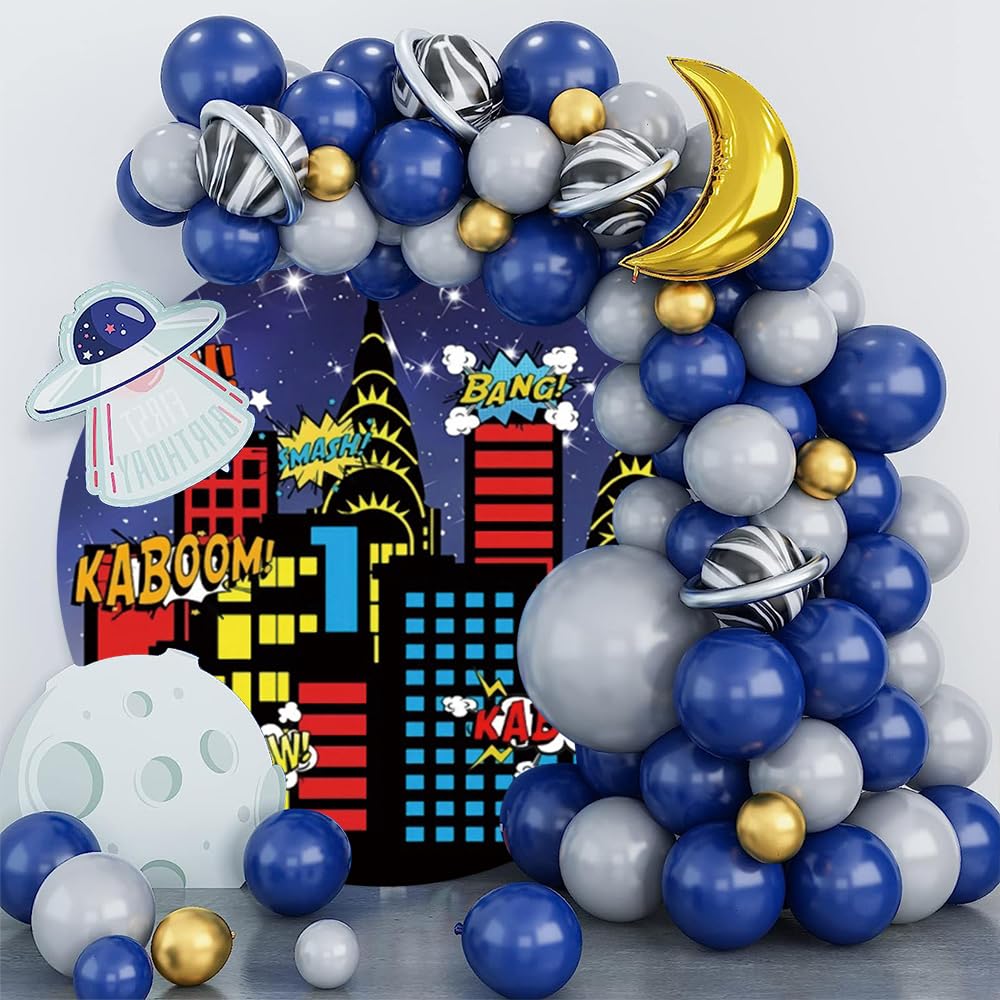Laeacco Runder Fotohintergrund 2x2 M – Stadt-Skyline, Gebäude, Wolkenkratzer Auf Polyester, Für Babyparty & Porträts