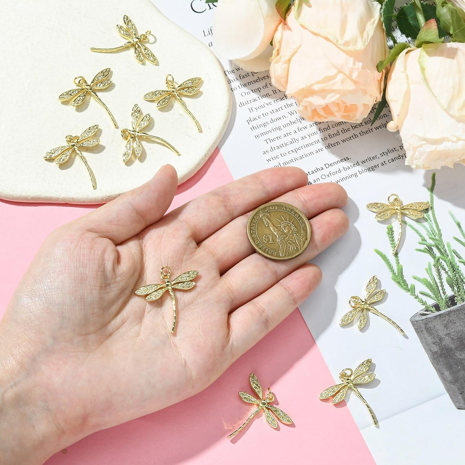 KitBeads 10pcs Cubic Zirconia Dragonfly Charms 18K Gold Plated Insect Micropave CZ Animal for Jewelry Making Necklace Crafts Bulk - Image 4