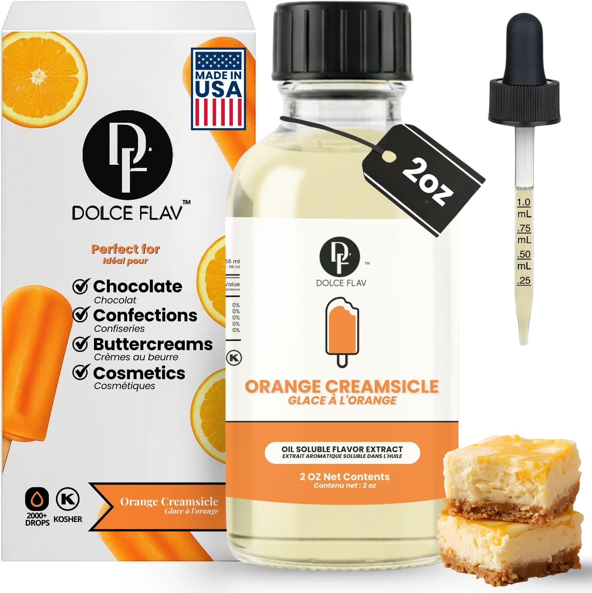 Dolce Flav Orange Creamsicle Extract - 2 Ounce Oil-Soluble Kosher, Sugar-Free, Concentrated Orange Creamsicle Flavor for Candy, Chocolates & Desserts, Includes Measured Dropper