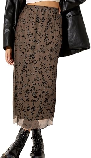 Avanova Women's Mesh Floral Boho High Waist Midi Skirt Lettuce Trim Summer A Line Skirt