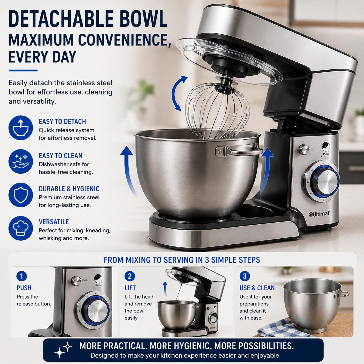 Royal Swiss Robot de cocina 3 en 1, 12 l, 2000 W, con picadora y batidora de cristal de 1,5 l, amasadora planetaria con movimiento planetario, 6 velocidades + pulso, cuenco inoxidable XXL, plateado