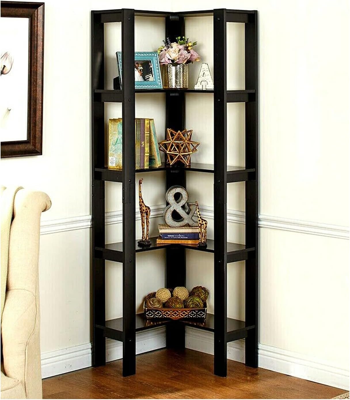 Thaweesuk Shop New Black 5 Ft. Wooden Corner Shelf Unit