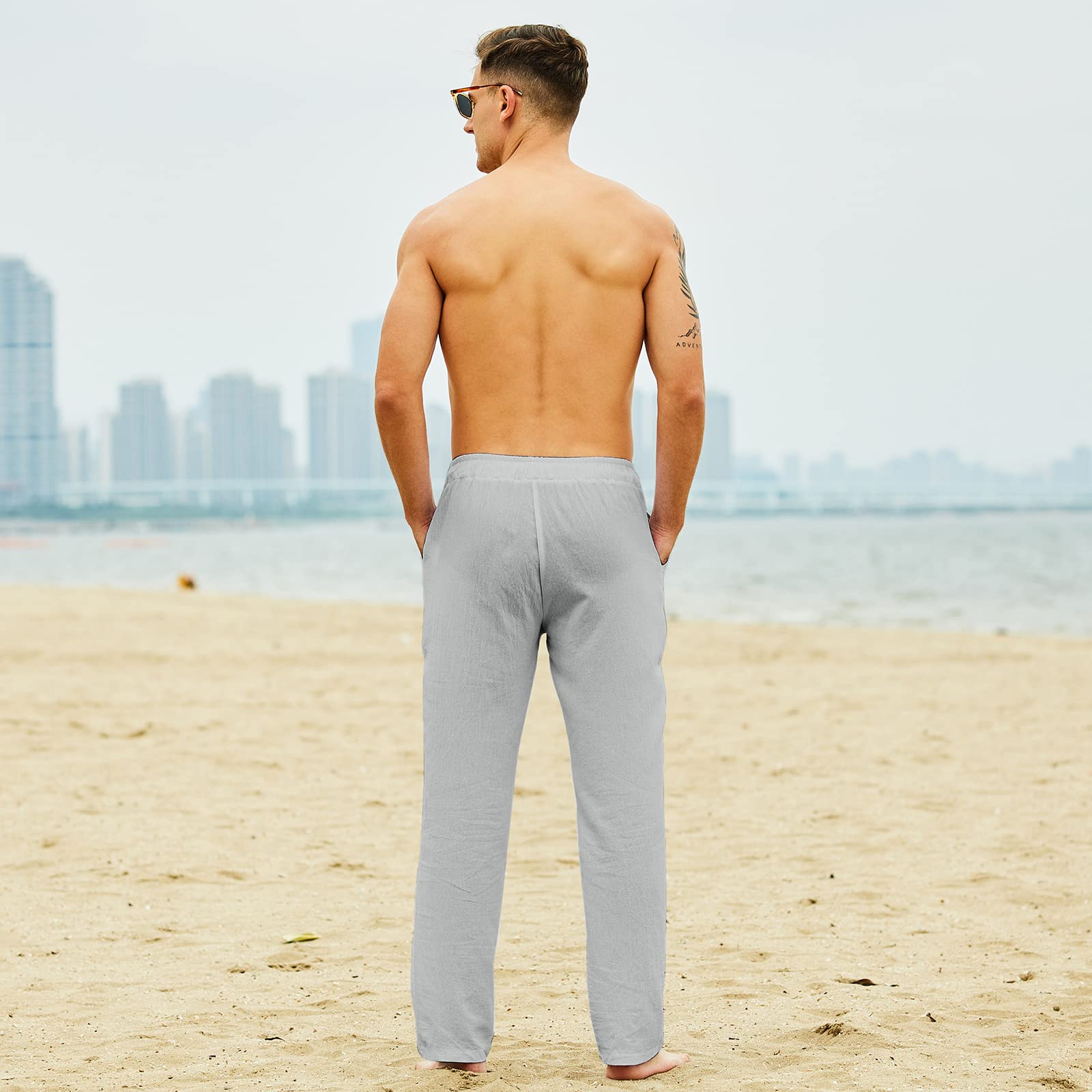 Pantalones de Yoga de Playa de Lino con Cordón para Hombre, Pantalones Largos Casuales Sueltos y Ligeros.