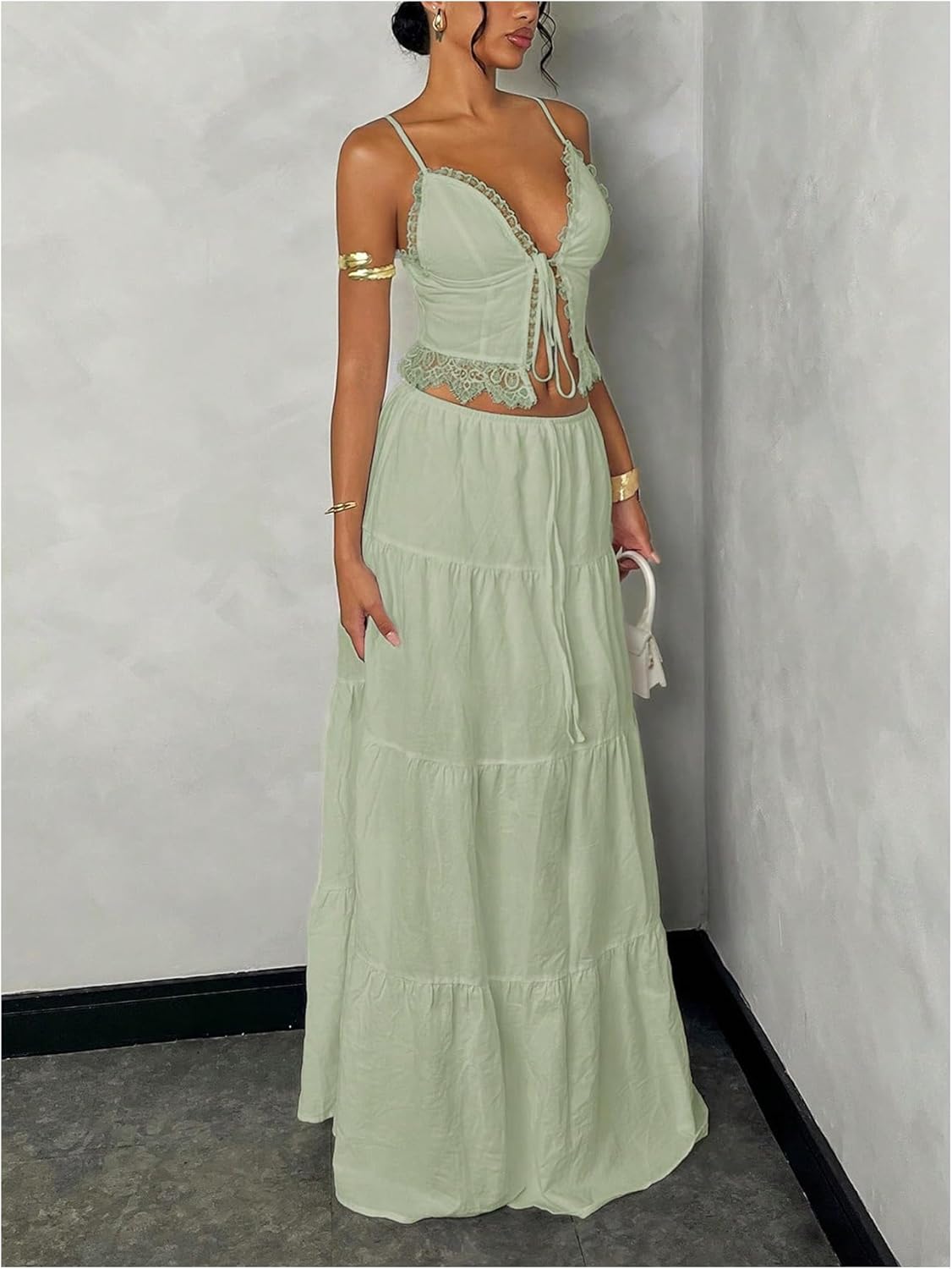 Floerns Women's 2 Piece Outfit Lace Trim Tie Front Camisole Top Tiered Maxi Skirts Set - Image 2