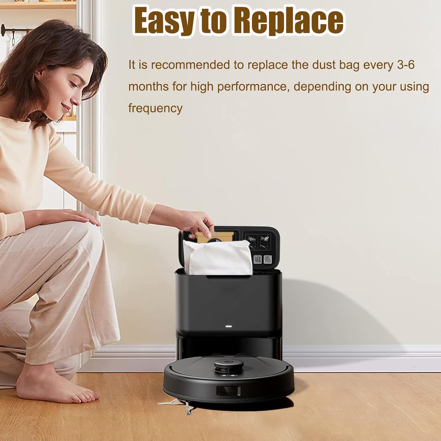 A person replacing a dust bag in a robot vacuum self-emptying station