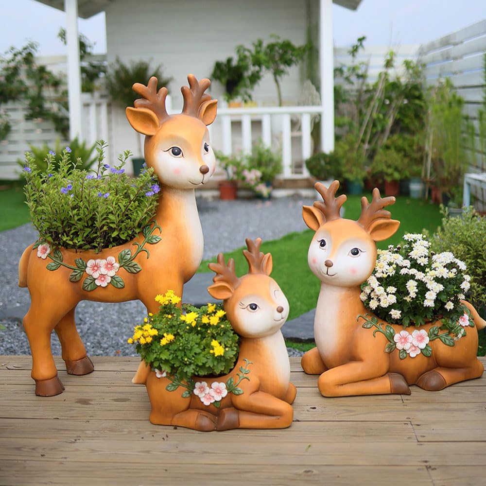 DFGHNBVC MgO Stone Planter,Set Of 3 Cute Little Deer Design Planters Pots, Large Flower Pots For Front Porch, Indoor Outdoor Use In Patio Living Room Garden Courtyard,outdoor Garden Landsc