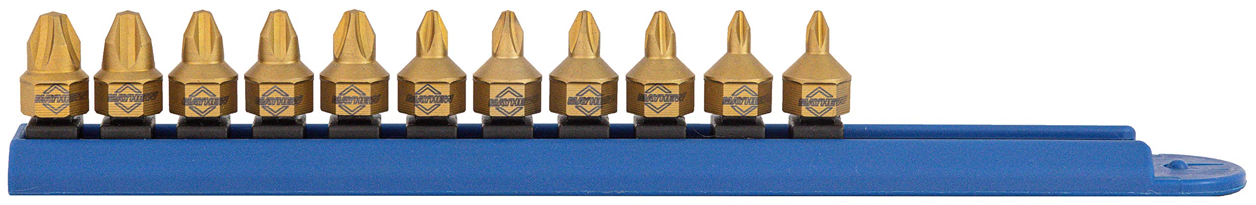 Mayhew Tools 16002 - Juego de doble unidad de perfil bajo con revestimiento de titanio, Phillips, 10 piezas | Juego de brocas de alto par con revestimiento de titanio con enchufes marcados de tamaño y riel de almacenamiento