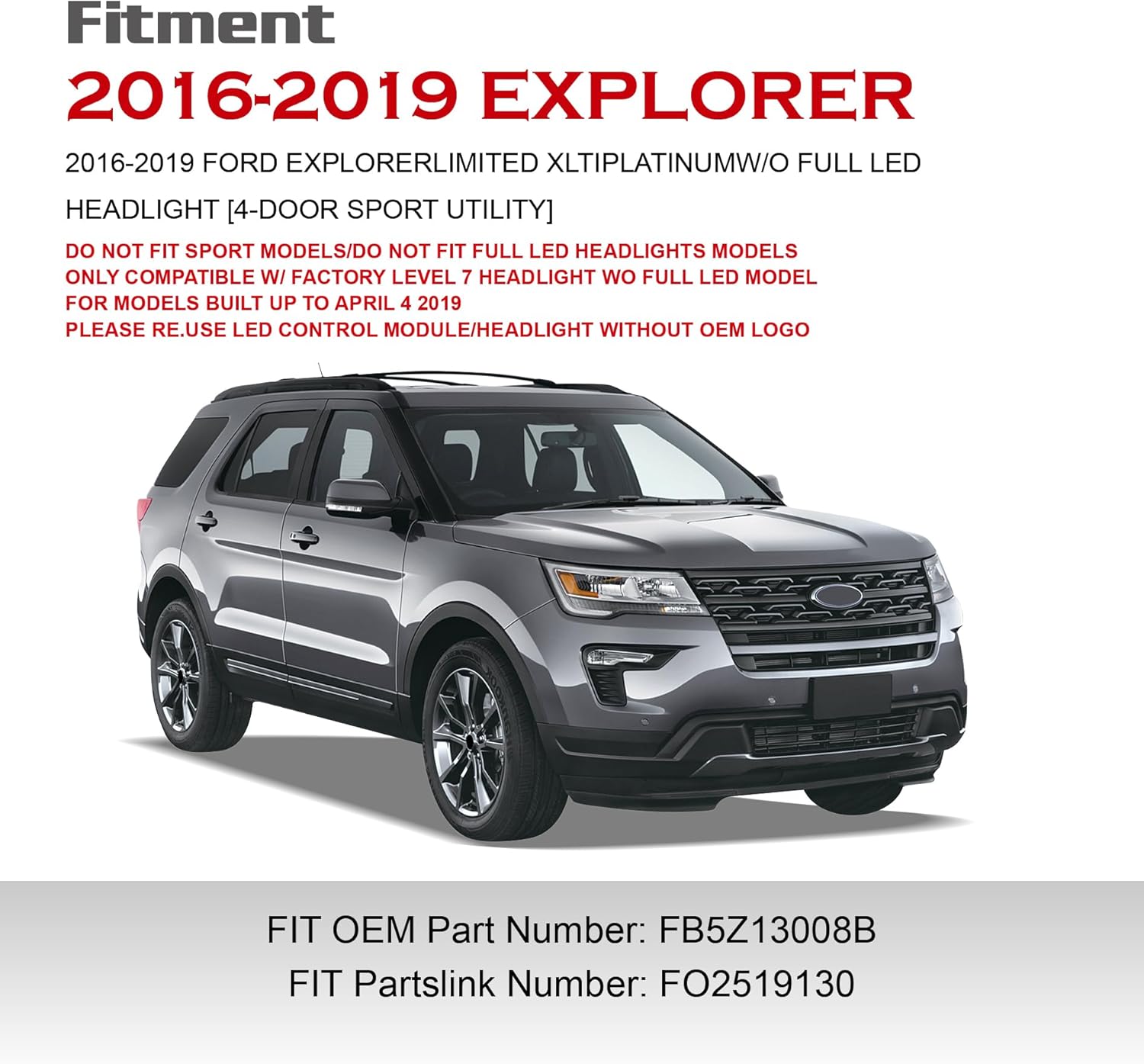 Chrome Bezel LED Headlight W/LED control module Assembly Compatible With 2016-2019 Ford Explorer Sport/Limited/XLT/Platinum Headlamp W/LED DRL Right Passenger Side FB5Z13008BFIT