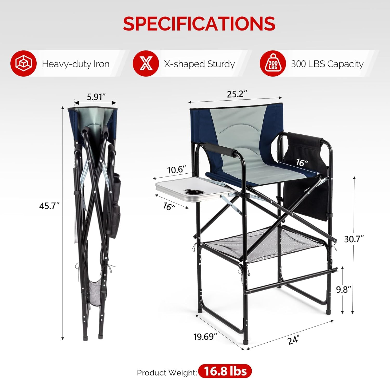 mefeir 31" Extra Tall Director Chair w/Side Table, Heavy-Duty Steel Frame Portable Folding Bar Stool w/Storage Pockets, for Makeup Artist, Salon, Studio, Camping, 300 lbs Capacity (Navy)