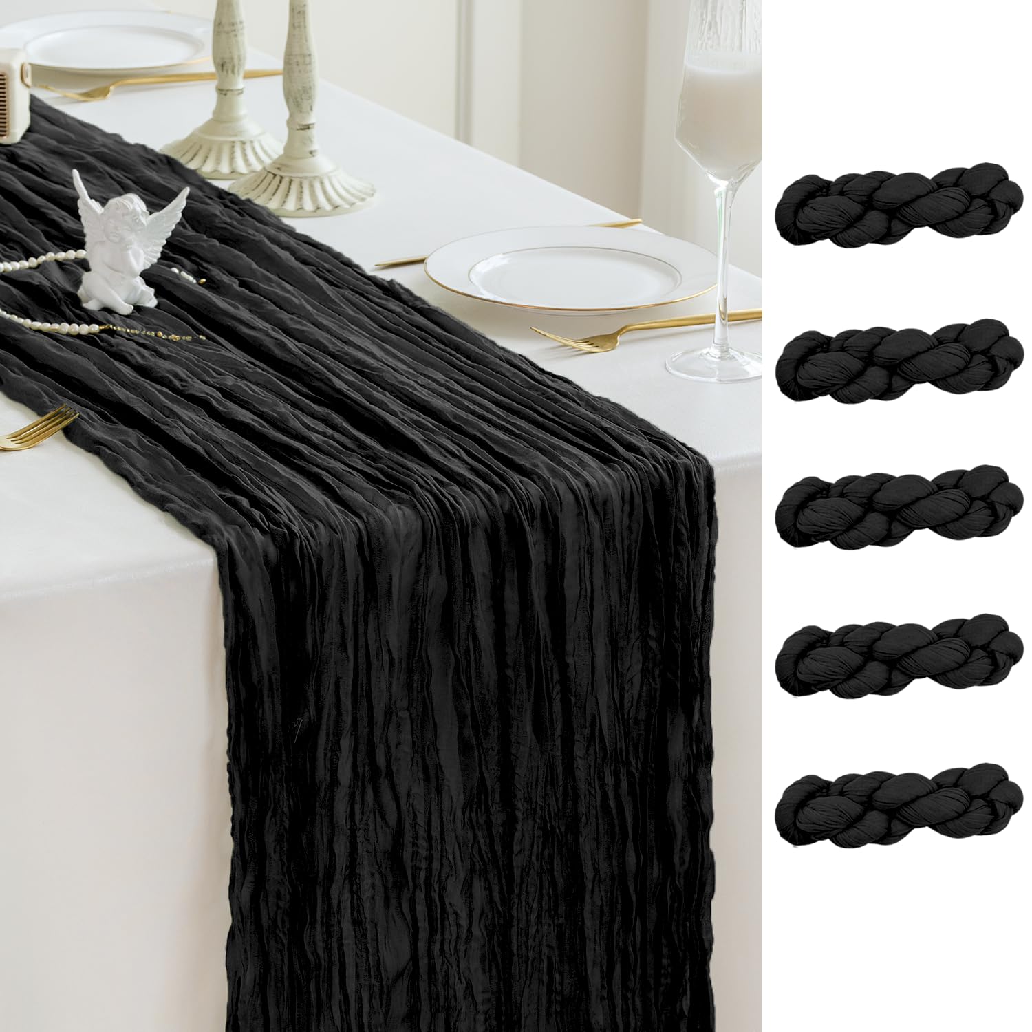 Sioloc Black Cheesecloth Table Runner 5pc Decor 10ft Boho Gauze Rustic Cheese Cloth Runner for Tea Wedding Party Baby Bridal Shower Home Decorations — image 1