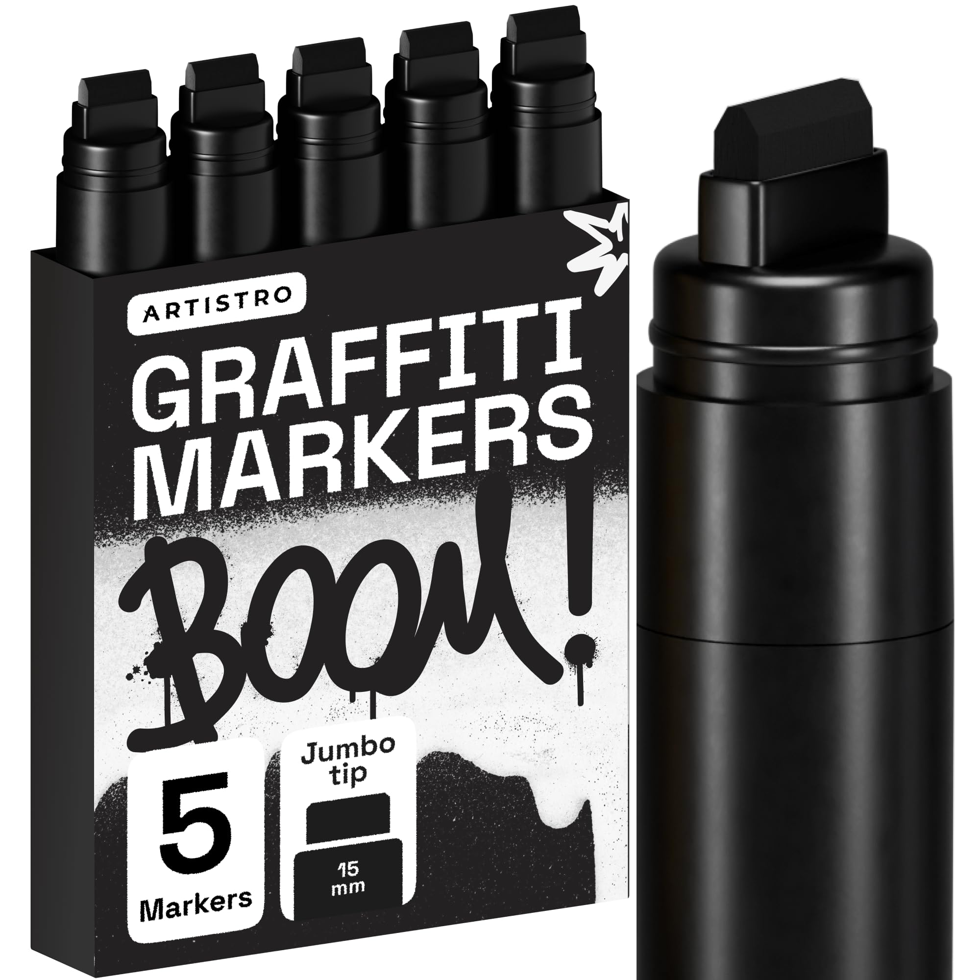ARTISTRO 5 Black Acrylic Paint Pens, Acrylic Paint Markers Jumbo Tip, Fabric Markers for Textile, Canvas, Rock, Glass, Wood, Paper, DYI, Pens for Kids and Adults