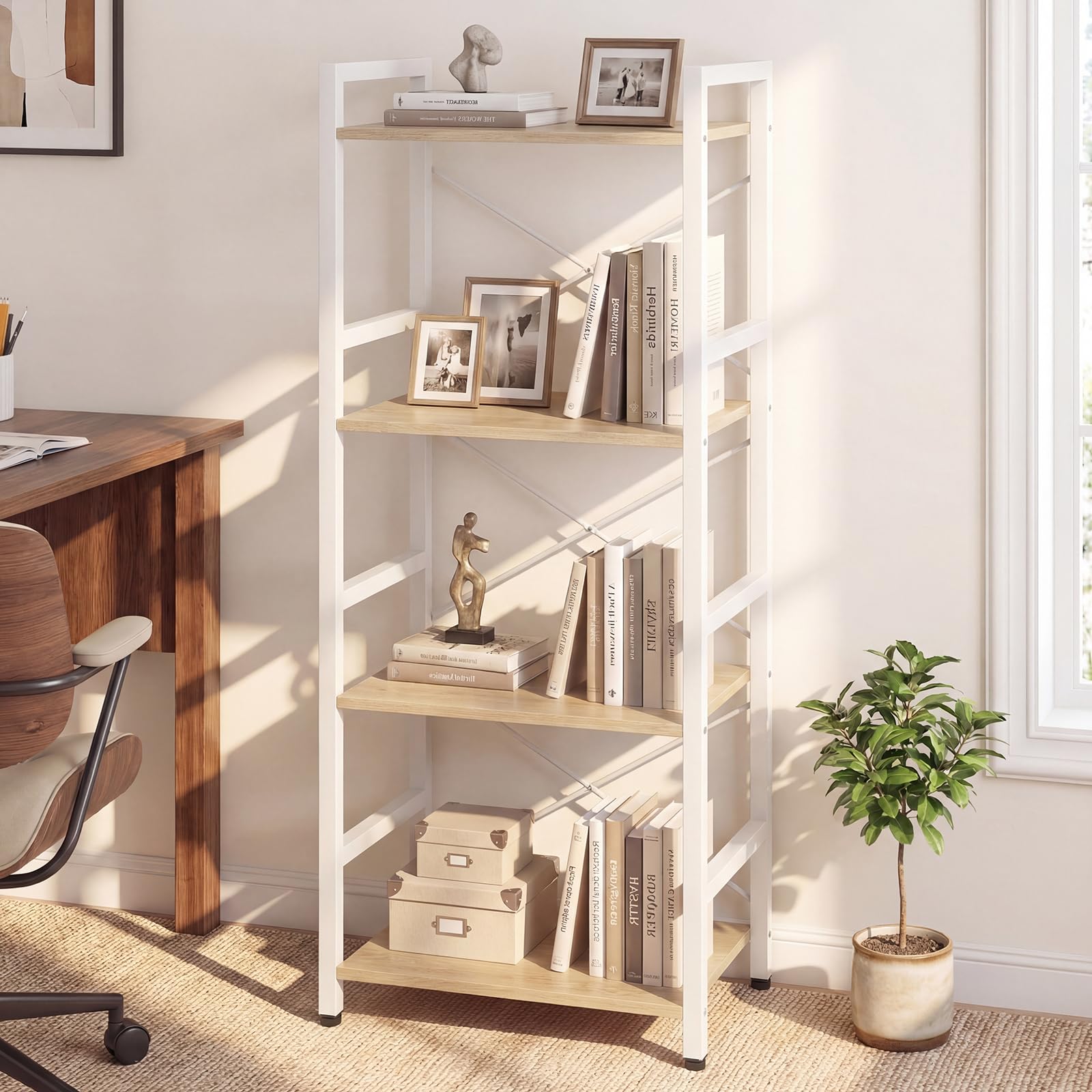 KOMFOTTEU Estantería de 4 Niveles, Librería Vertical con Estantes Abiertos, Mueble Almacenamiento Estrecha con Estructura de Metal y Dispostivos Antivuelco para Salón, 42x28x100cm (Natural y Blanco)