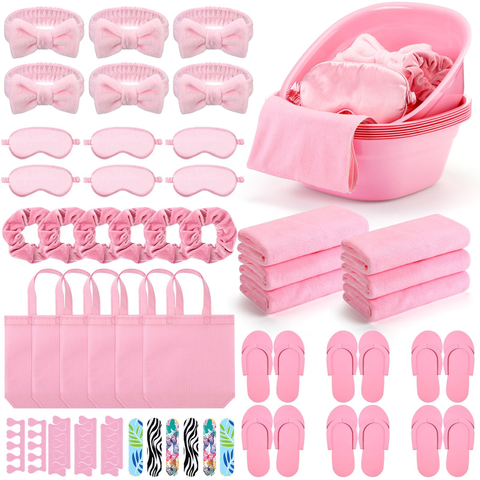 Thiccywoov 54Pcs Kids Foot Spa Party Supplies for Girl Spa Party Favors 6 Washbasin 6 Tote Bags 6 Hand Towels 6 Toe Separators 6 Hair Scrunchies 6