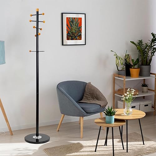 Miniatura 6 de Perchero de 71 pulgadas, resistente con base de mármol, perchero de metal con 9 ganchos para colgar bufandas, bolsos, sombreros, chaqueta rotativa