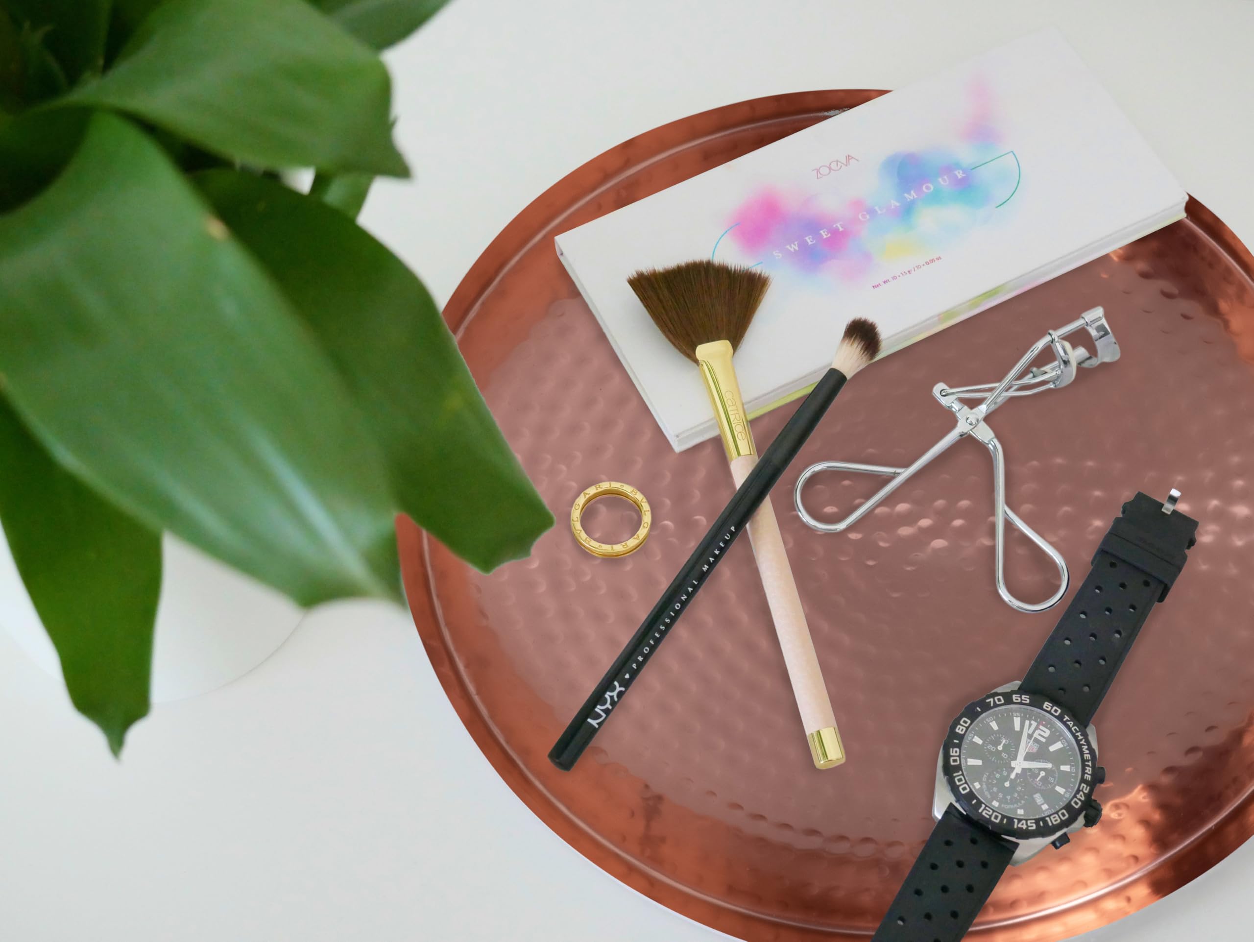 Vassoio decorativo in metallo di rame da 29 cm, superficie strutturata, decorazione per la casa in oro rosa, vassoio e piatto cosmetico per servire cosmetici, organizer per trucchi, gioielli, profumo