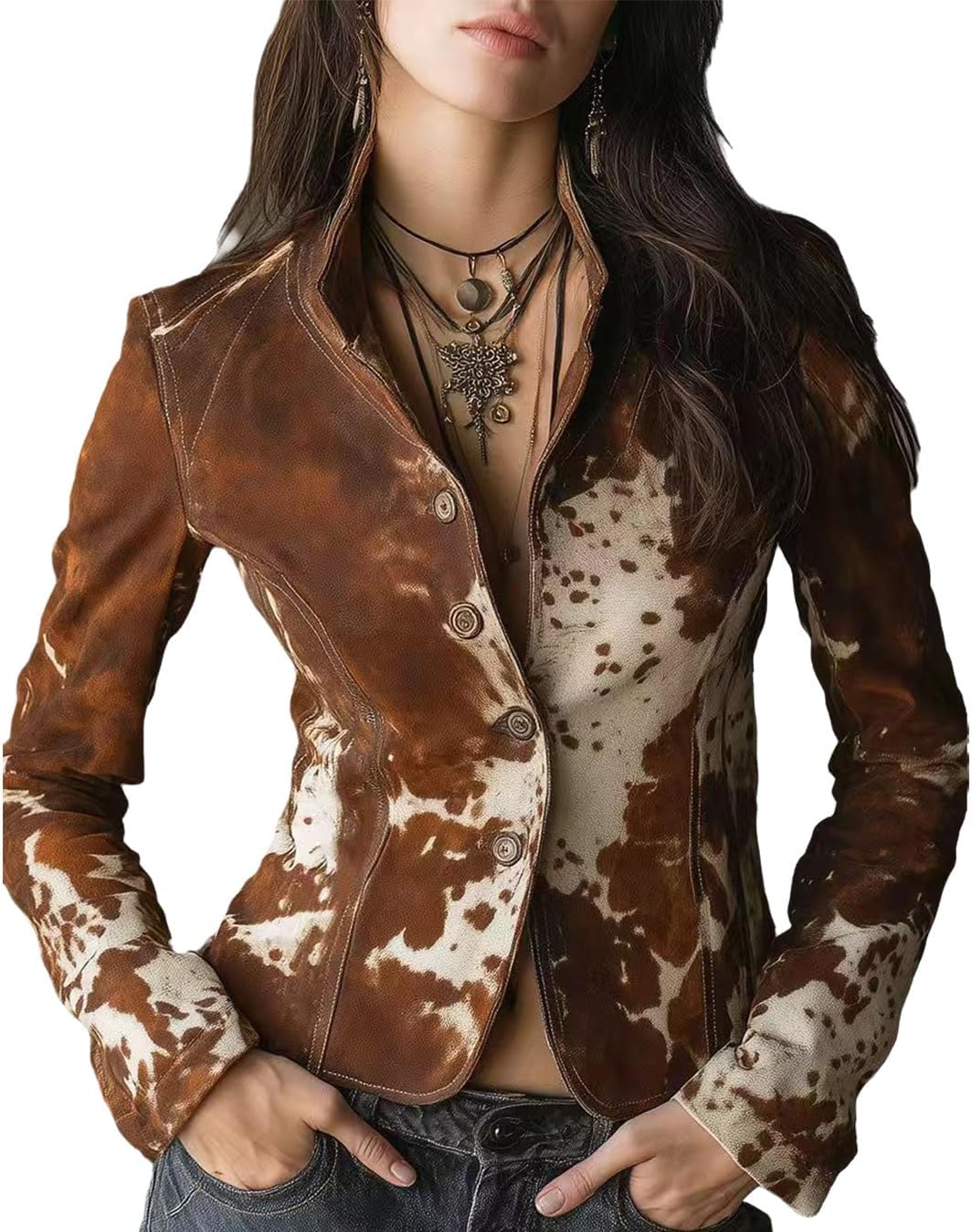Cow Print Cropped Jacket Button Down Blazer for Women Slim Fit Fall Outftis
