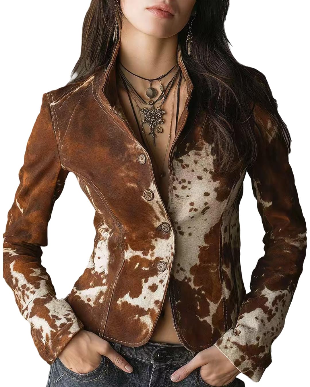 Cow Print Cropped Jacket Button Down Blazer for Women Slim Fit Fall Outftis