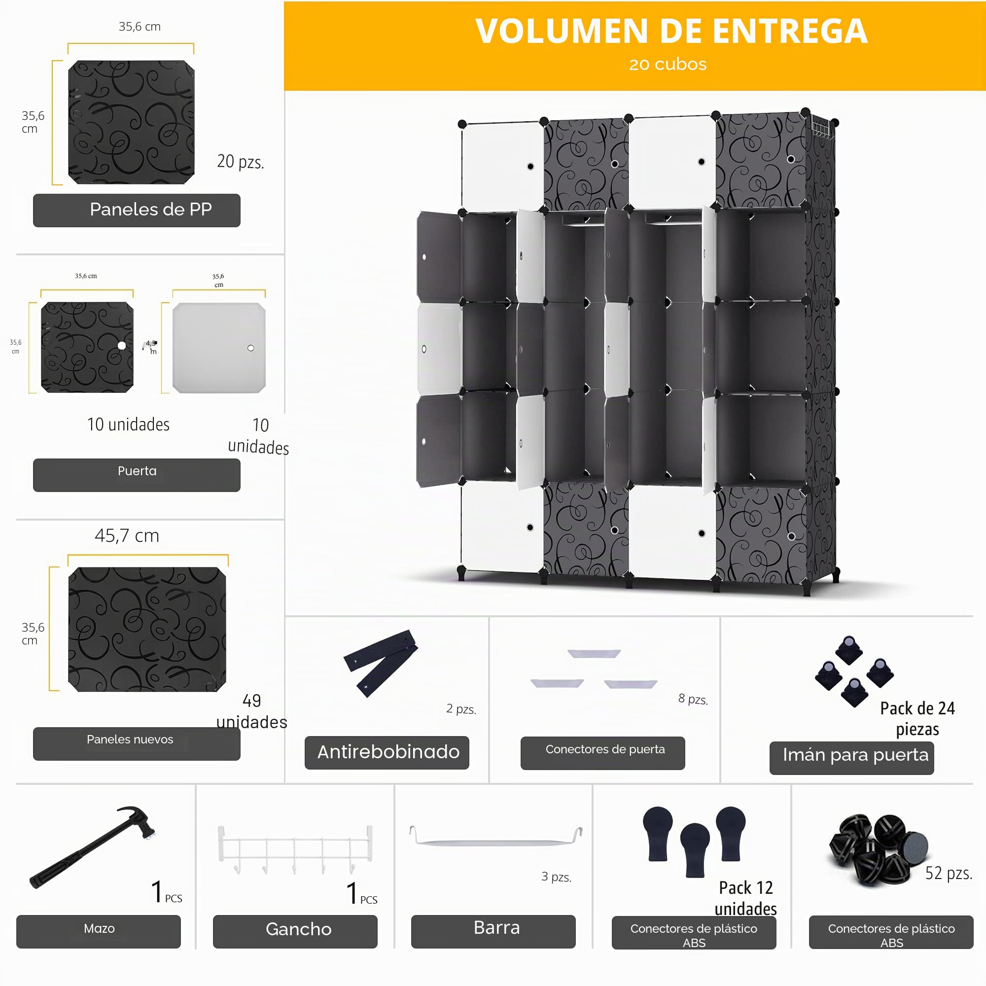 HOMIDEC Armario Modular, Guardarropa portátil para Colgar Ropa, 20 Cubo Ropero Armario Combinado con 3 Barra Colgante, Armario de Almacenaje de Ropa para Dormitorio