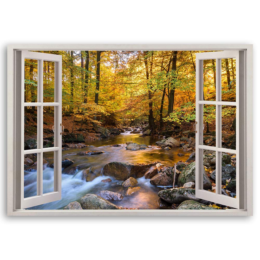 Feeby Cuadro en Lienzo 3D Ventana 90x60 cm 1 Pieza Modernos Impresión Artística Calidad Fotografica Imagen Decoración de Pared Salon Dormitorio Cocina Oficina Pasillo río Marrón