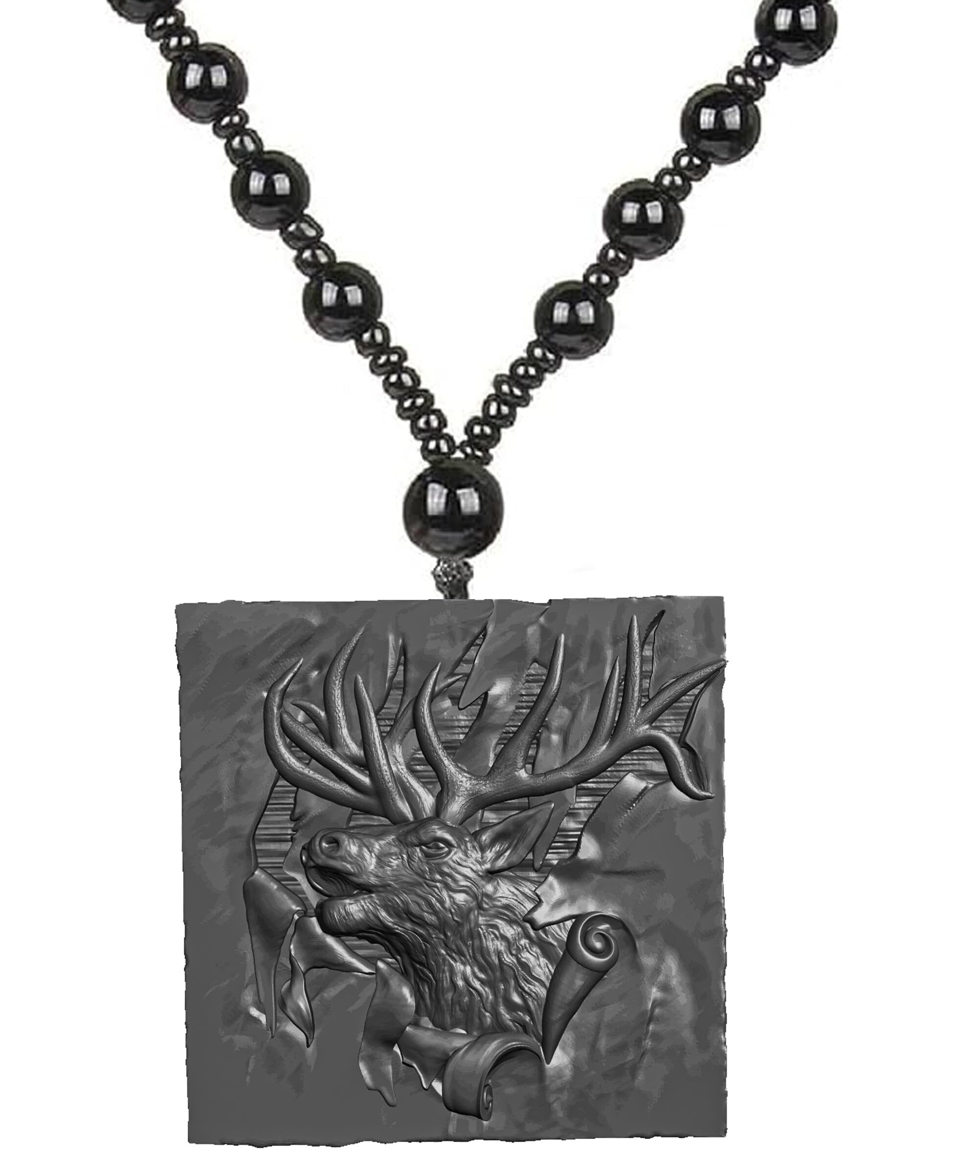 Bold Black Deer Head Pendant for Men Women Tribal Animal Necklace with Beads Mala Chain Stylish Nature Inspired Accessory for Boys Girls Gift for Men Women Teens, Perfect for Birthdays