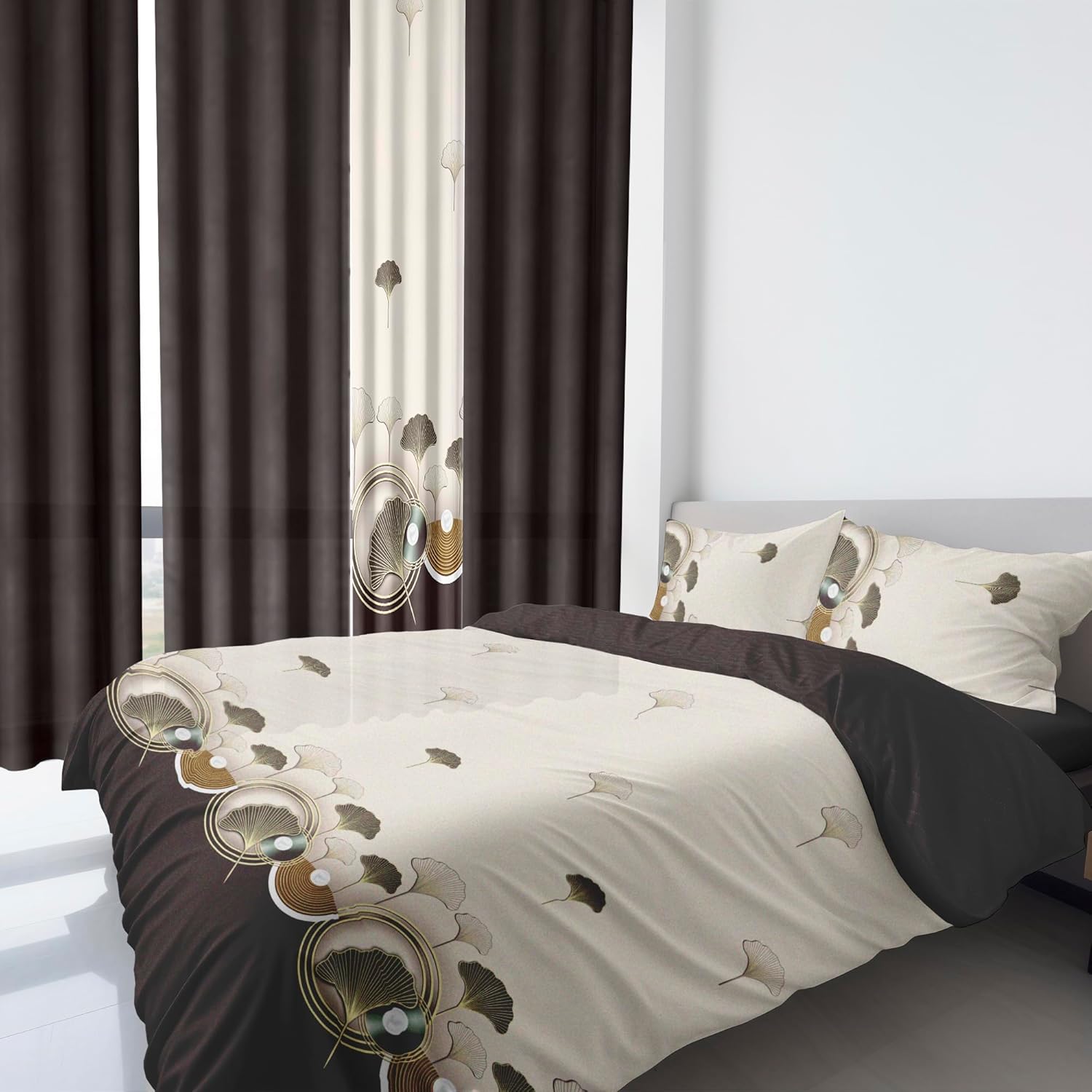 Deepsleep 9-piece Bedding Set Queen Size Ginkgo Leaf Matching Curtains, with 1 Bedspread and 2 Pillowcases and 6 Curtains, is Machine Washable—Making, the Gift for Weddings or Holidays
