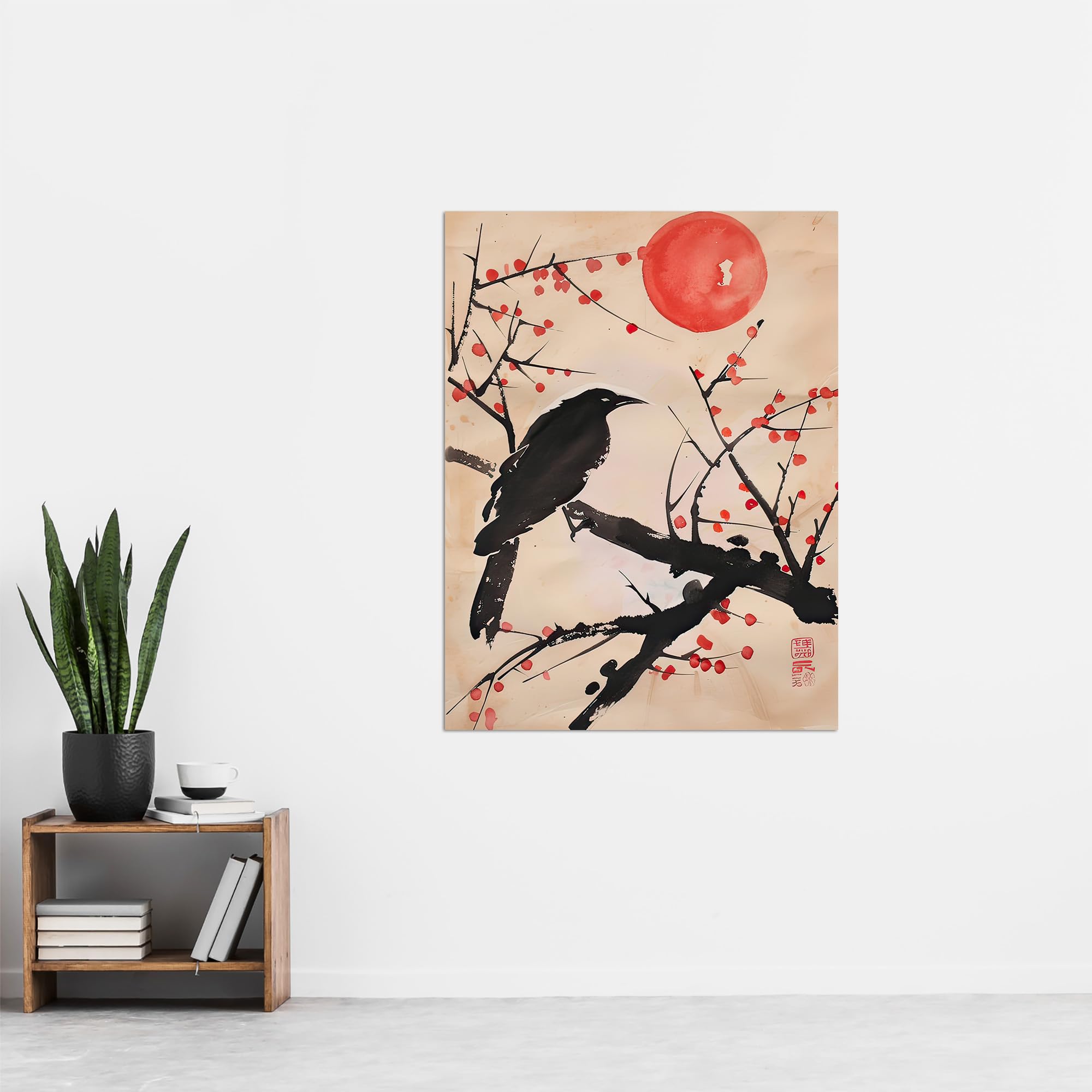 Artery8 Raven on Berry Tree Winter Sun Japanese Painting Living Room Extra Large XL Wall Art Poster Print - Image 4