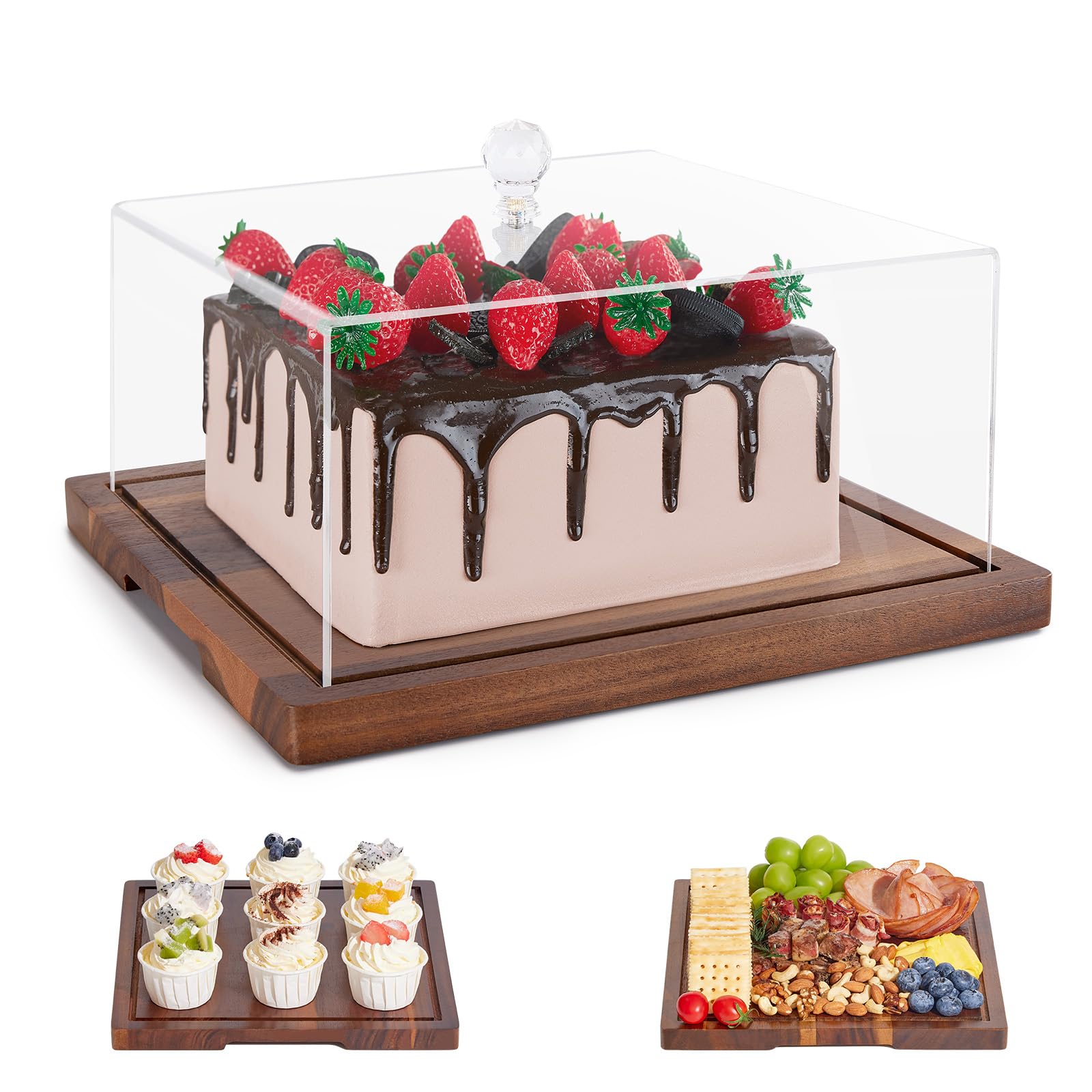 Cake Stand with Lid-Acacia Wood Cake Holder with Dome, 2-in-1 Shatterproof Serving Platter & Charcuterie Board with Lid,Square Cake Stand for Party,Fruit Tray,Cheese,Veggie,Large Cake Dome Cover