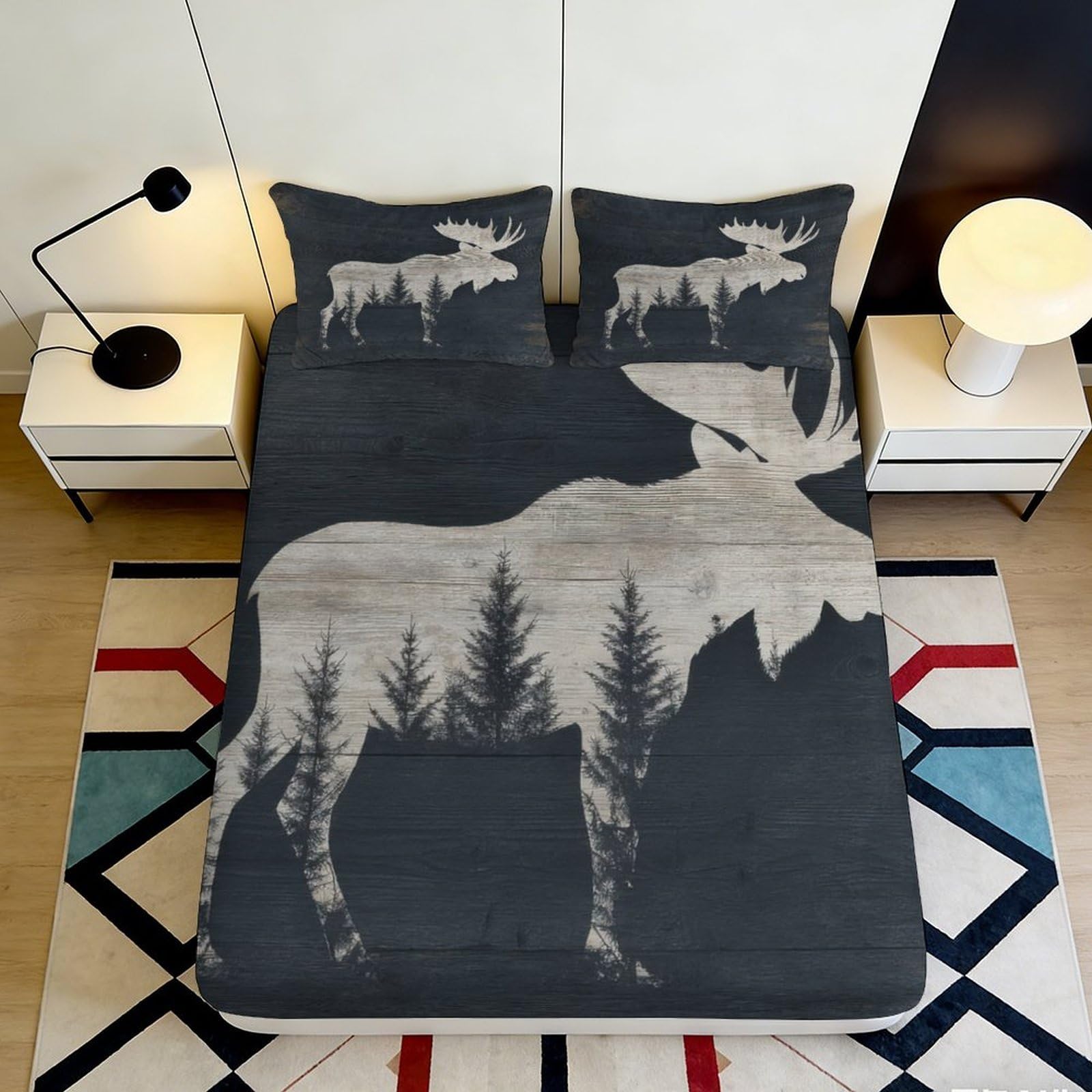 3D Printed Moose Silhouette Fitted Sheet Microfiber Soft Durable Pine Tree Bed Cover for Bedroom Dormitory Guest Room Mattress Protection Decor 140x200x25cm