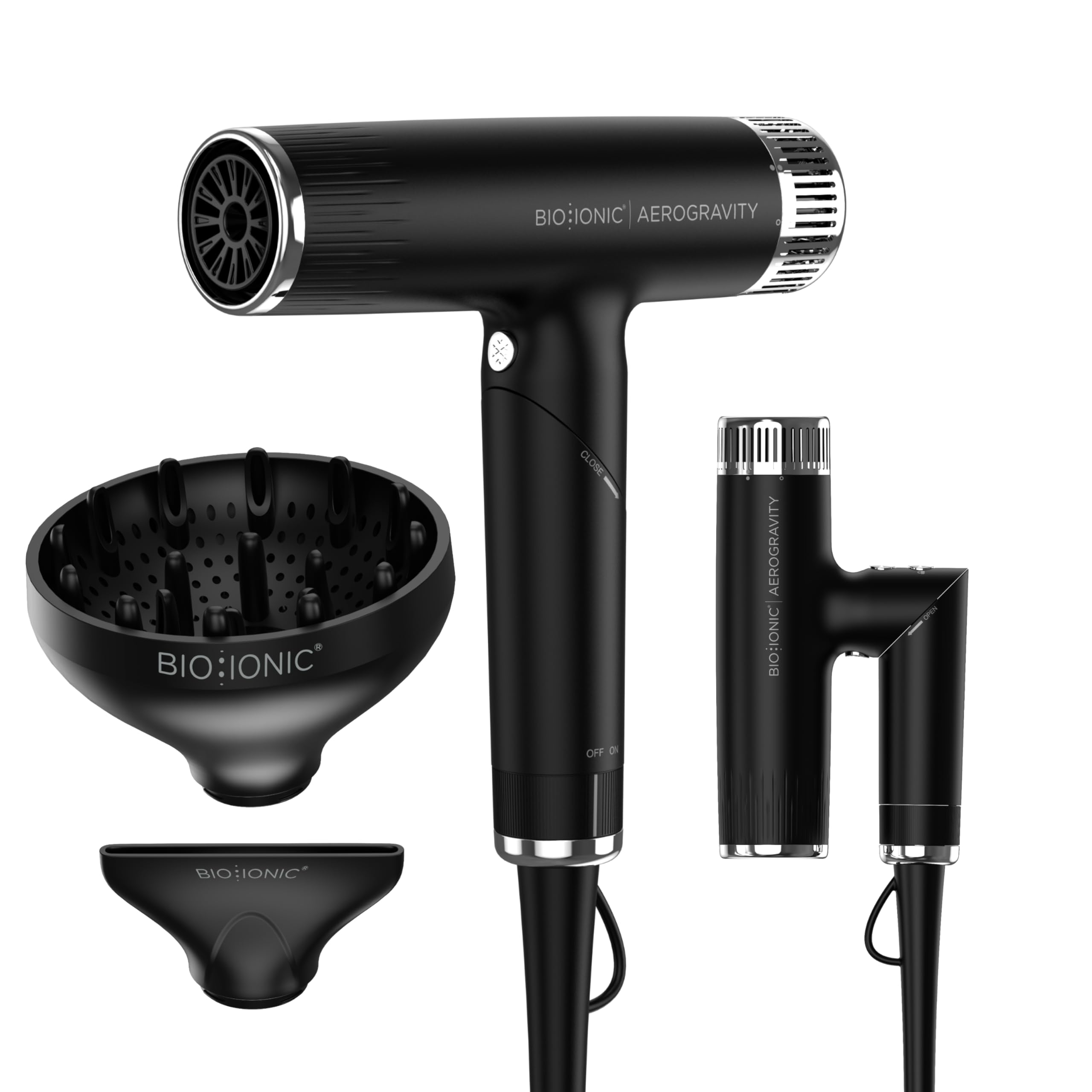 Photo 1 of Bio Ionic AeroGravity Featherlight Hair Dryer, Foldable Handle, Reduces Frizz & Static, Compact, Ultra-Lightweight Blow Dryer, Dual Voltage, Includes Diffuser & Concentrator Nozzle, Travel Essentials