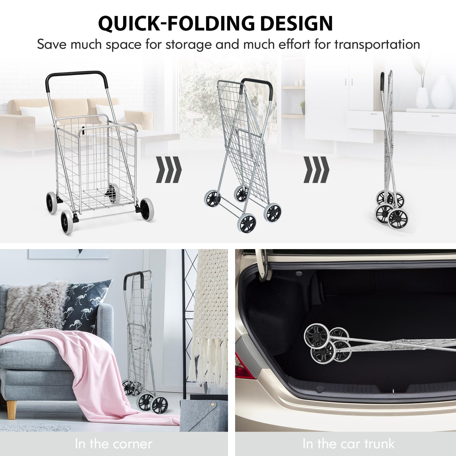 SOARS Carrello per la spesa pieghevole 83L, con ruote grandi e maniglia, telaio in metallo, carico 45 kg, carrello della spesa per supermercato, biancheria, bagagli, 57 x 58,5 x 91,5 cm (argento)