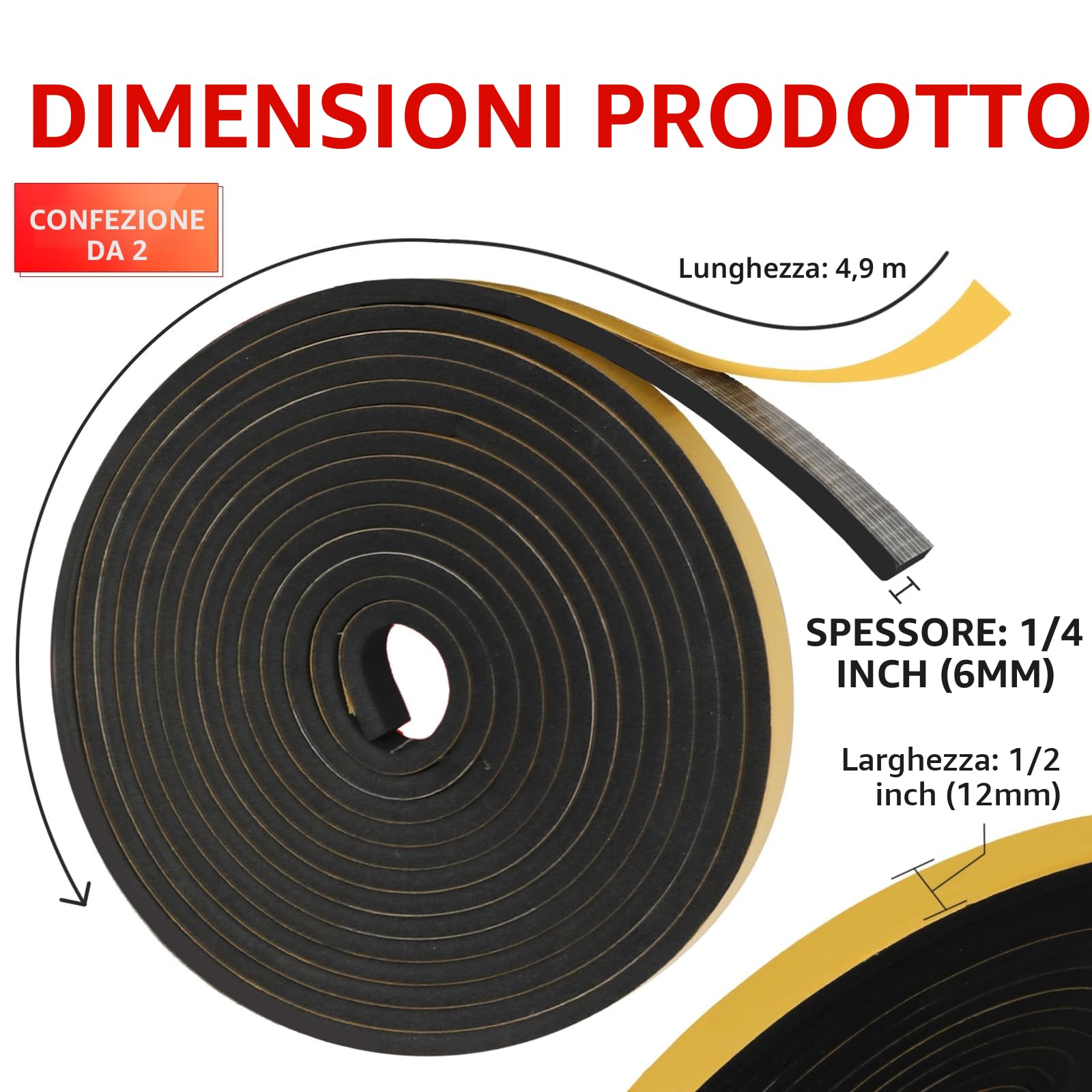 QILIMA 2 Rotoli Nastro Autoadesivo in Schiuma Nero 12 mm x 6mm x 5m Guarnizione in Gomma per Porte e Finestre Guarnizione per Porta Insonorizzata Antipioggia, Striscia di Tenuta per Aria Condizionata
