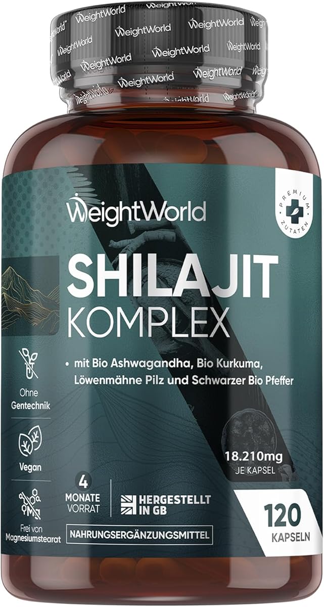 Himalaya Shilajit (Mumijo) Komplex 18.210 mg - 120 vegane Kapseln für 4 Monate - Mit Bio Ashwagandha, Bio Kurkuma, Lions Mane Pilz & Schwarzer Pfeffer - Shilajit Kapseln Extrakt (40:1) - WeightWorld