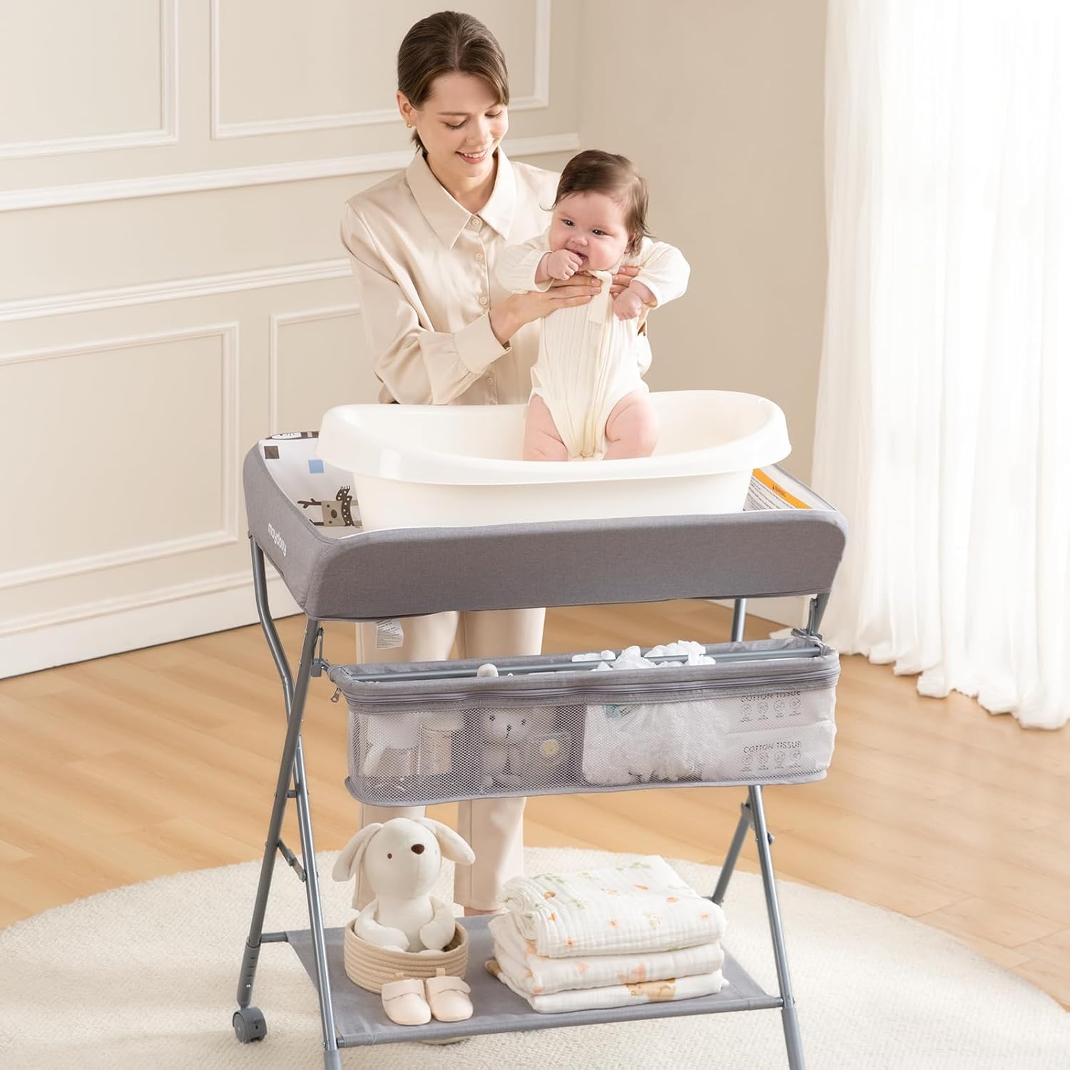 Maydolly Fasciatoio per Bambini，avolo Cambio Pannolini Multifunzionale Portatile,mobile con ruote，Altezza regolabile，Il materiale impermeabile è facile da pulire，grigio chiaro