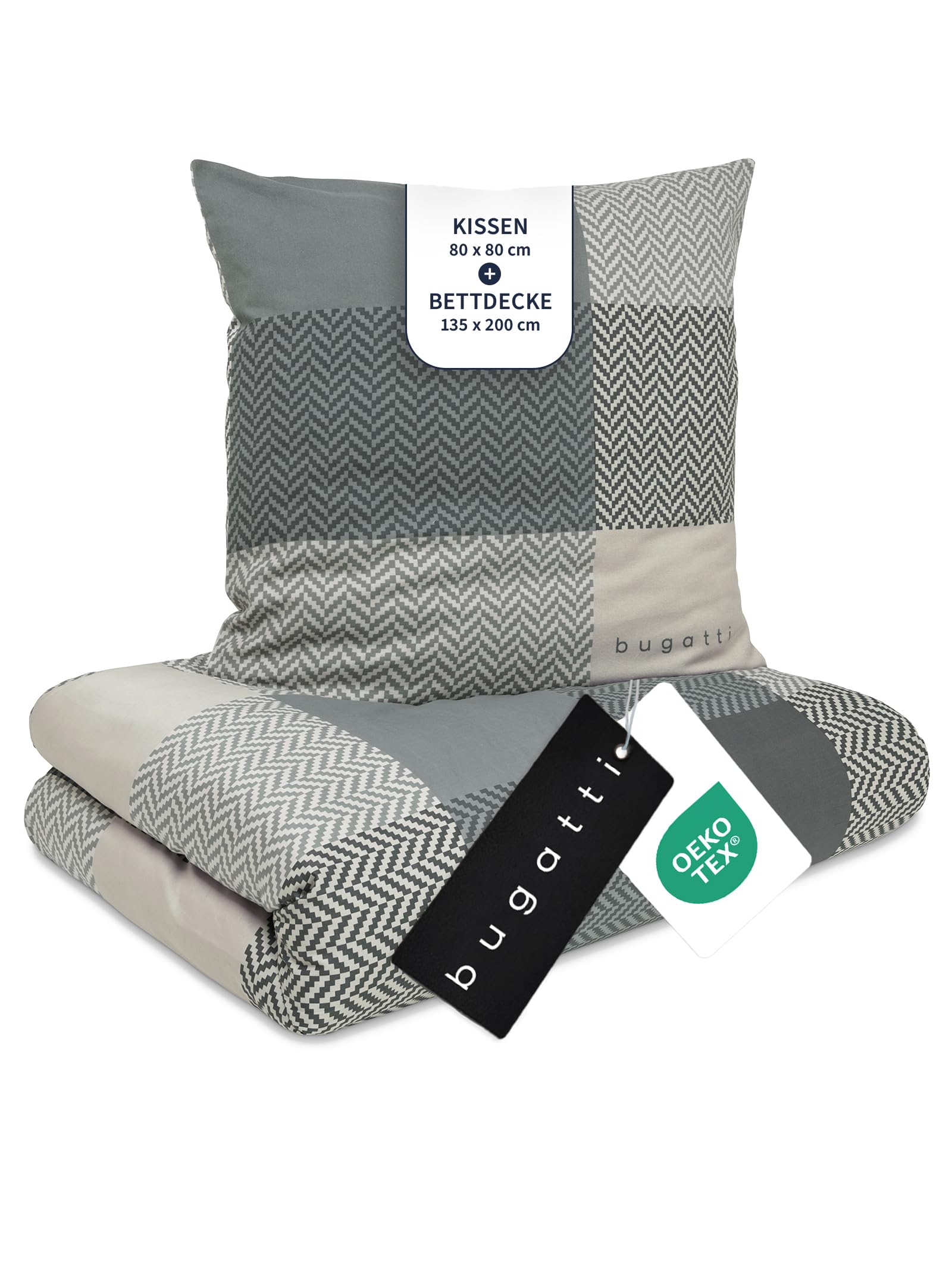 bugatti 2in1 Bettwäsche 135x200 cm - 100% Baumwolle Satin-Flanell Kombibettwäsche, Reißverschluss, anschmiegsam, weich & waschbar, Bettbezug grau Karo