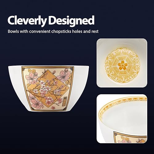 Miniatura 3 de Hagary Cuenco de ramen de flor de cerezo con palillos, cuenco de cerámica de acero inoxidable, palillos de estilo japonés, cuencos de sopa de fideos