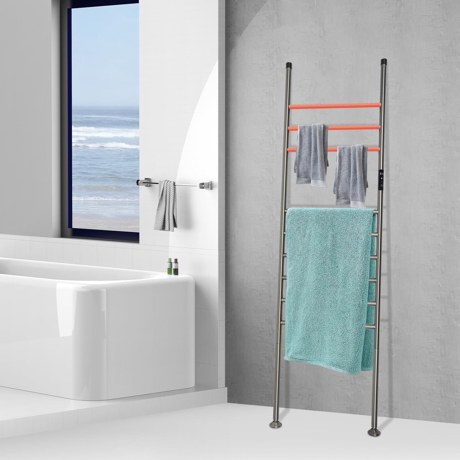 Handtuchheizkörper Elektrisch,Freistehende Handtuchleiter mit Timer 1-24H, 45-70°C, 180W Bodenstehender Badheizkörper, Stehend Handtuchtrockner Handtuchwärmer, 9 Querbalken (Grau)