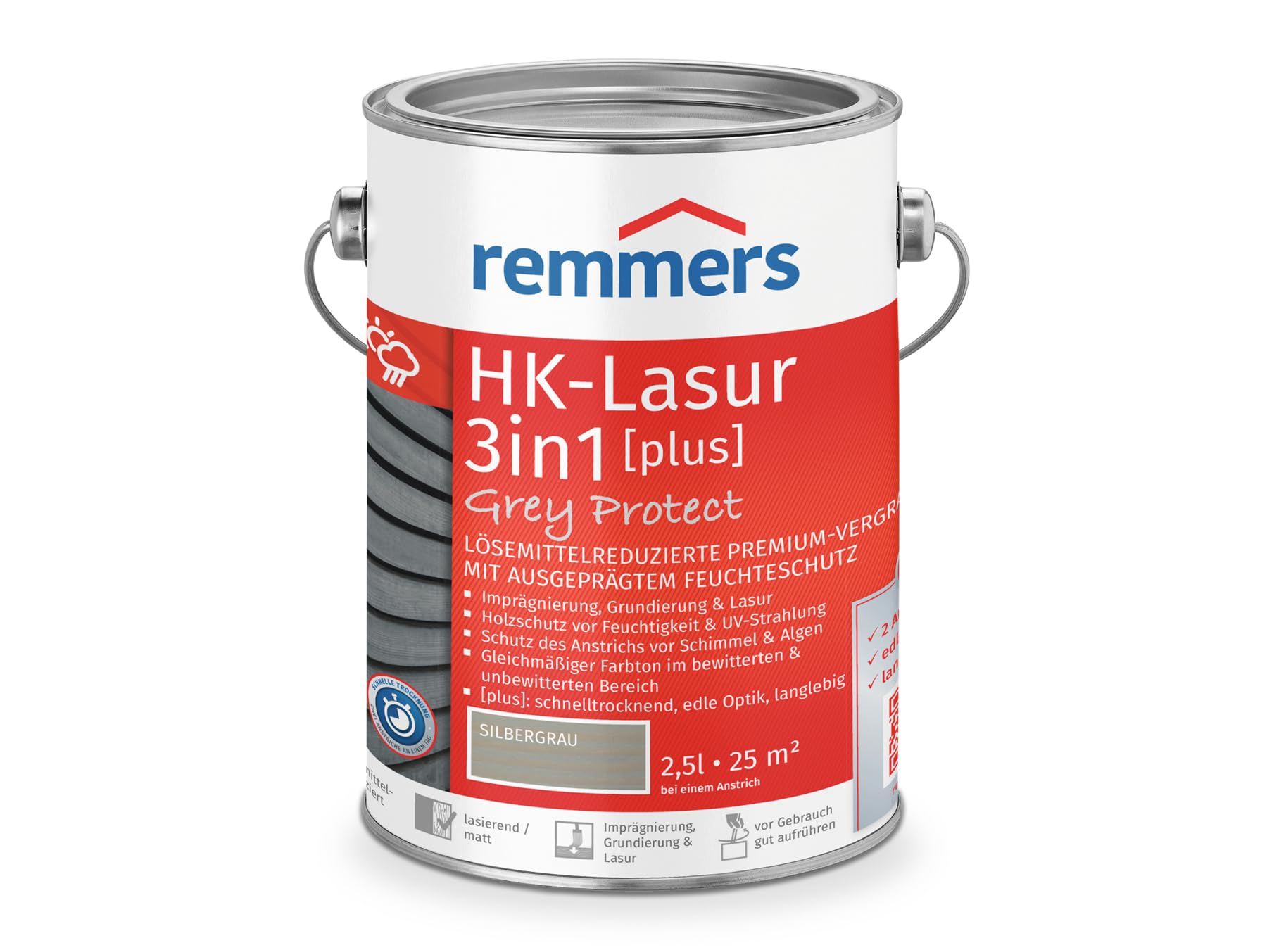 Remmers Aqua HK Stain 3in1 Grey Protect Silver Grey, 2,5 Litre, Woodstain, for Fences, carports, Summer Houses, Natural Grey Tones, 3in1 Wood Preservative