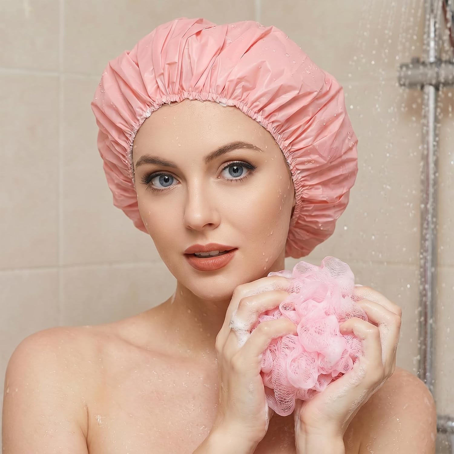 3 PCS Reusable Shower Caps for Women, Hair Cap for Shower Caps Waterproof with Elastic Band Bath Caps for Long, Curly Hair, Protects Hairs in Showering, Spa, Cooking, Clean