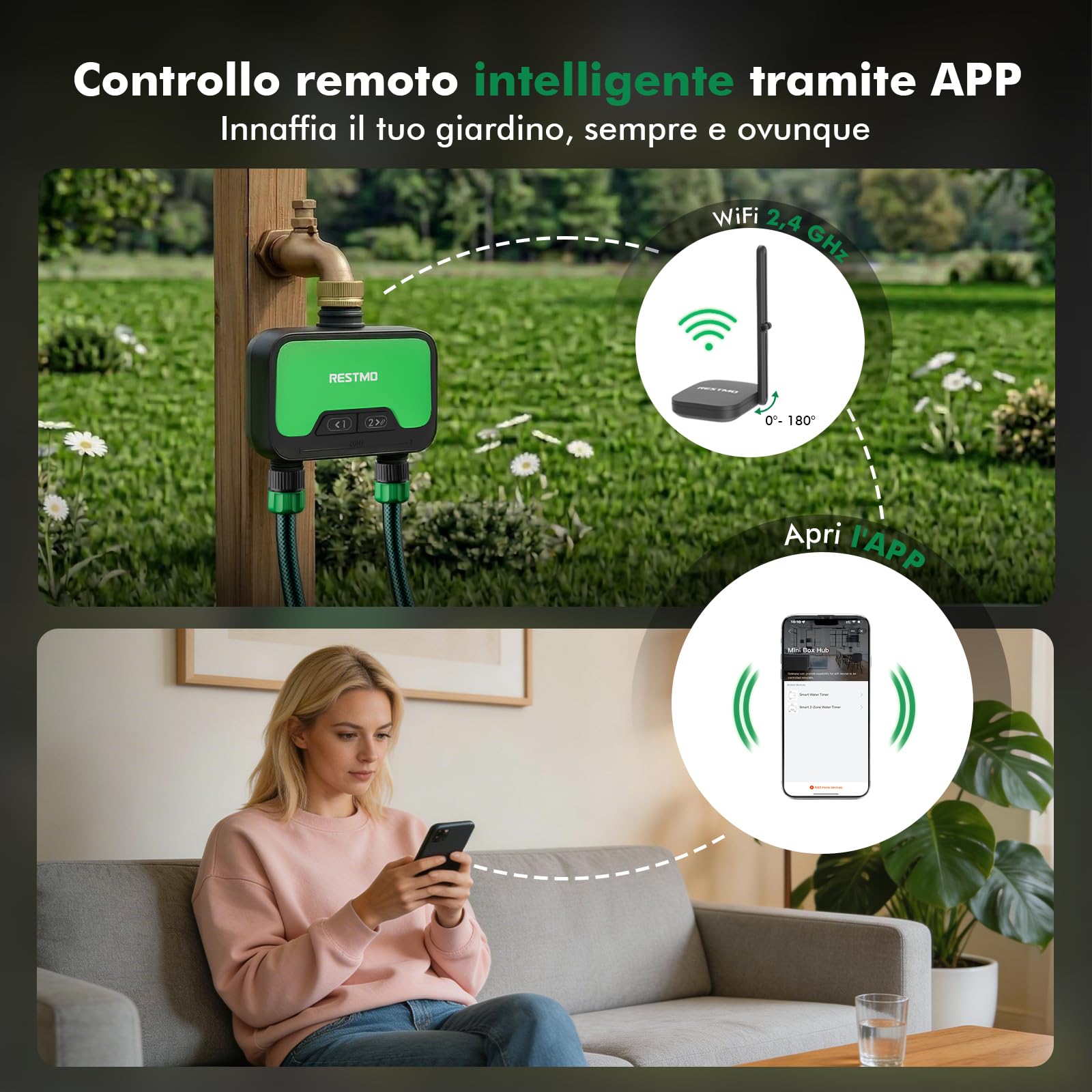 RESTMO Timer Intelligente WiFi per Tubo da Giardino, Timer Irrigazione | Controllo APP, Ingresso in Ottone, Ritardo Pioggia, Sistema Irrigazione Manuale/Automatico, Modalità di Irrigazione